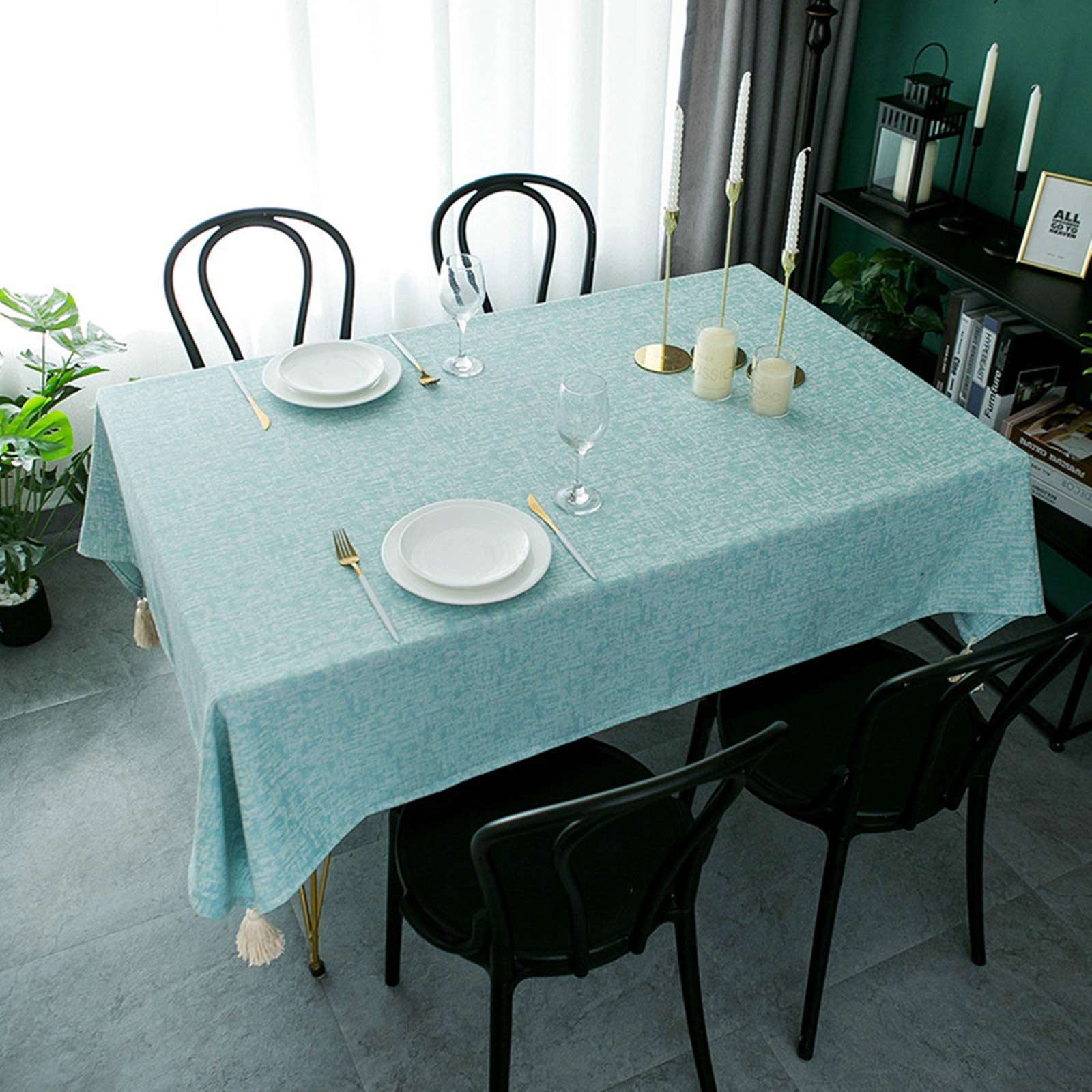 Mantel lavable, jacquard discreto con borla azul turquesa, 140 x 220 cm, mantel de estilo nórdico, mantel rectangular para mesa de jardín