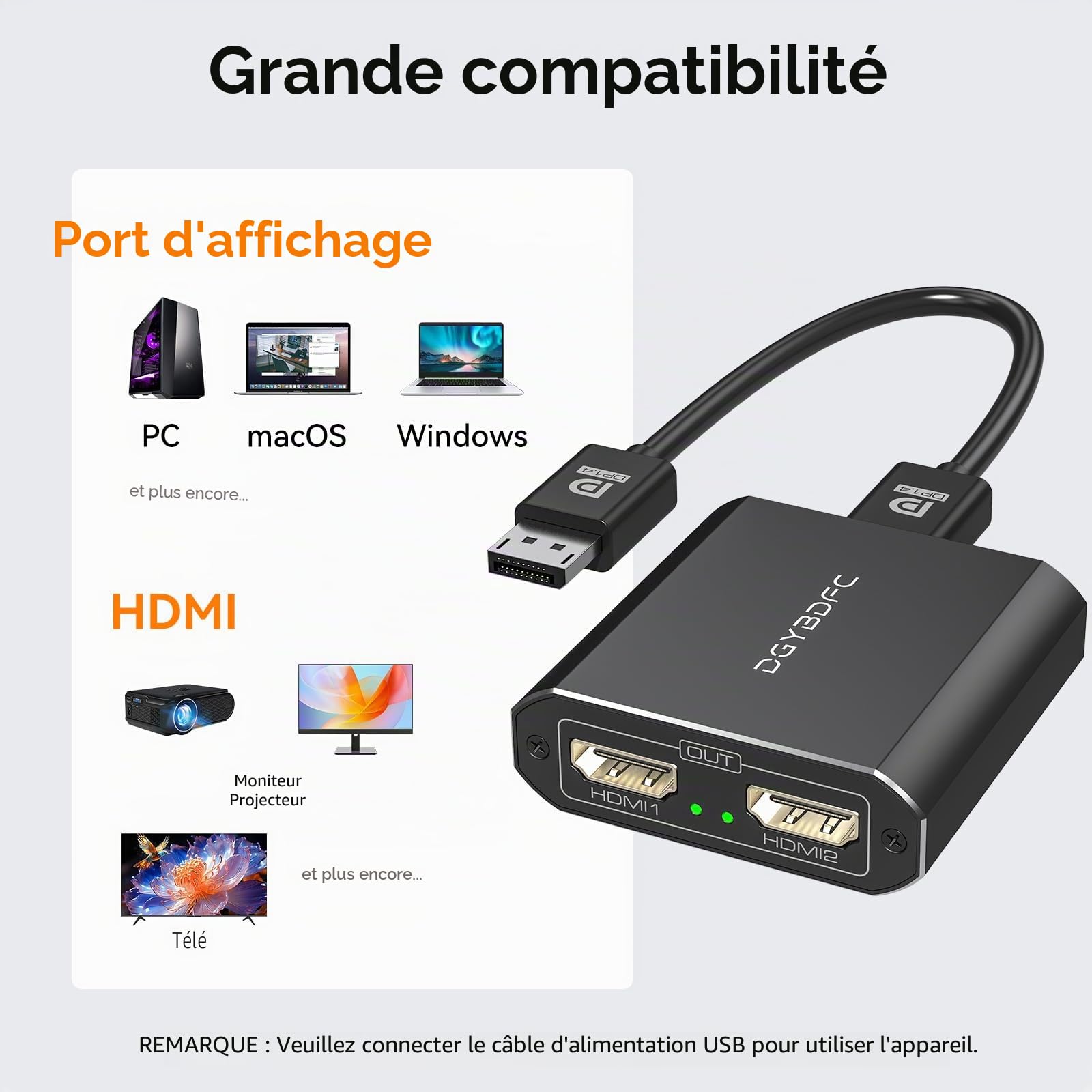 Displayport vers Dual HDMI Adaptateur 1 in 2 Out Double 4K60Hz Extend/Copy DP 1.2 vers 2 HDMI Splitter pour Deux écrans Supportant Le Mode SST/MST(MacOS Supporte Uniquement Le Mode SST)