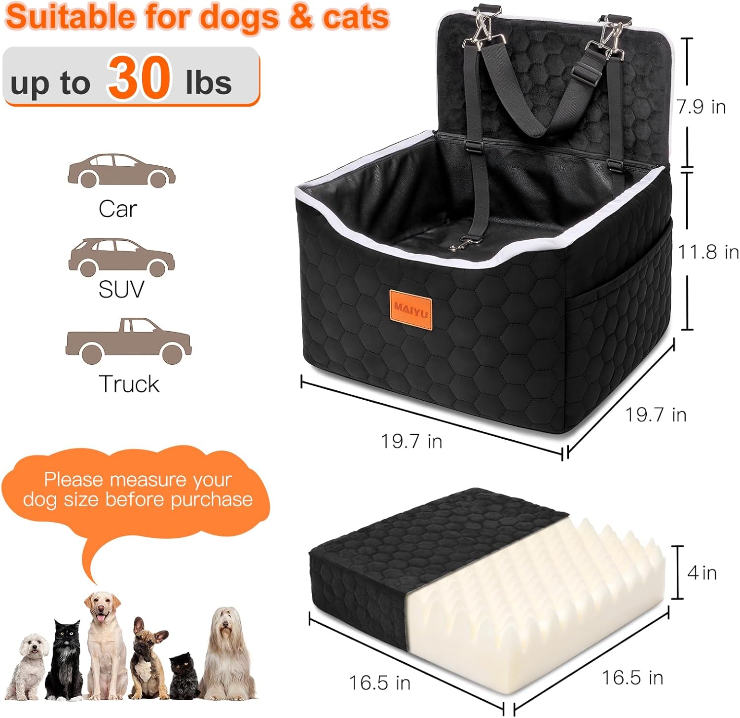 Dog Car Seat for Small Medium Dogs Under 35lbs - Dog Booster Car Seat with Adjustable Straps,Elevated Detachable Washable Pet Travel Cat Bed with Storage Pockets,2 Safety Belts (Black)