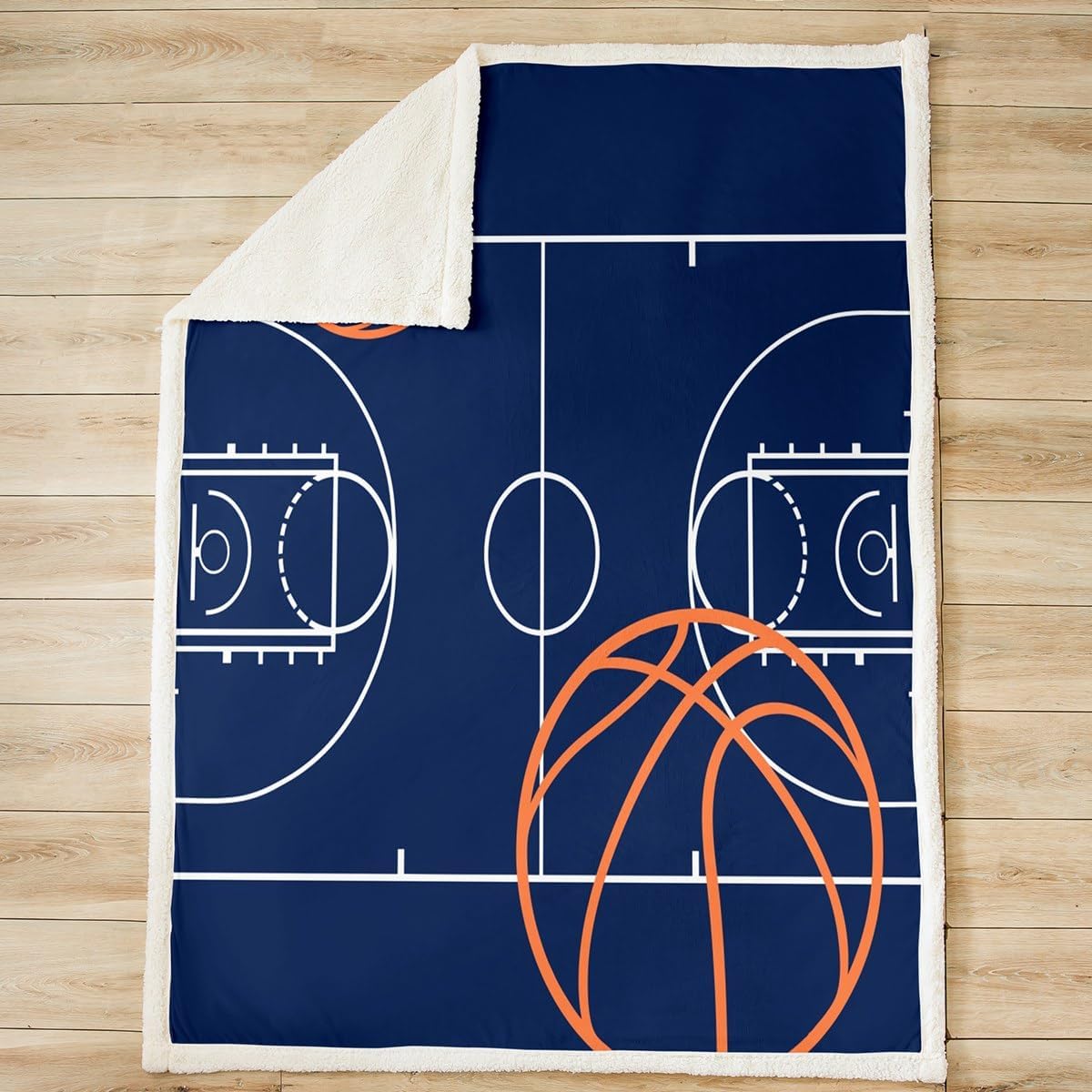 Feelyou Basketball Fleece Throw Blanket Basketball Court Sherpa Blanket for Boys Teens Decor Navy Blue Plush Blanket Sport Bedroom Ball Game Fuzzy Blanket for Sofa Bed Couch,Twin 60x80 Inches