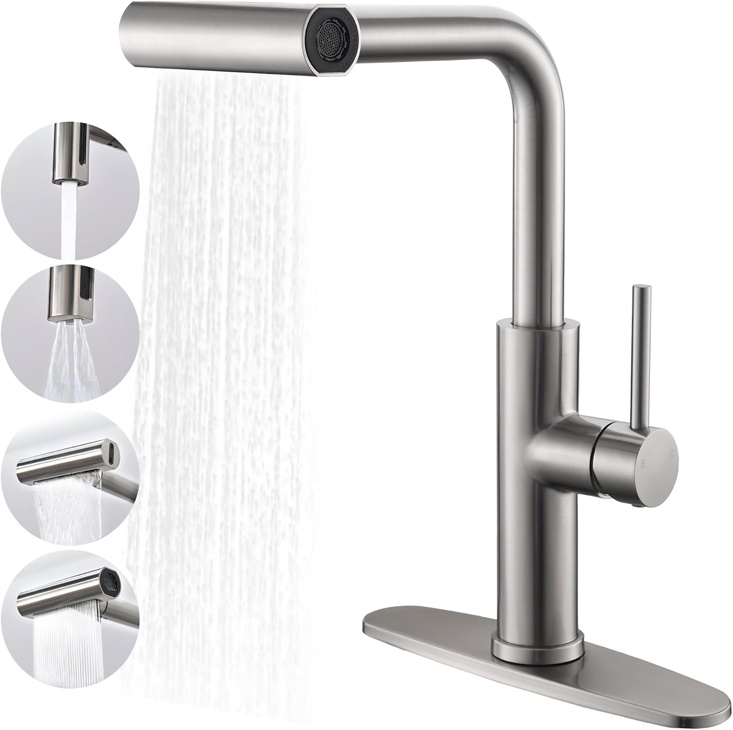 Waterfall Kitchen Faucet with Pull Down Sprayer, 4 Modes (Sweep/Stream/Waterfall/Spray), 360° Swivel Stainless Steel Kitchen Sink Faucet Single Lever Handle Brushed Nickel Sink Faucet