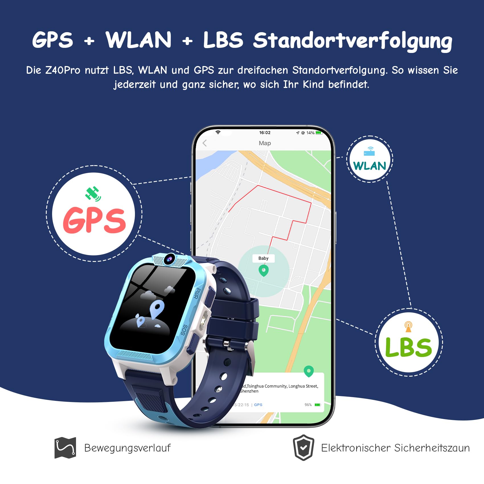 IOWODO Smartwatch Kinder mit GPS und Telefon 4G, 850mAh 7-Tage Akku, SOS-Notruf, Schulmodus, IP68 Wasserdicht, Sprachanruf, Pedometer, Geschenk für Jungen & Mädchen, 4-12 Jahren, Blau
