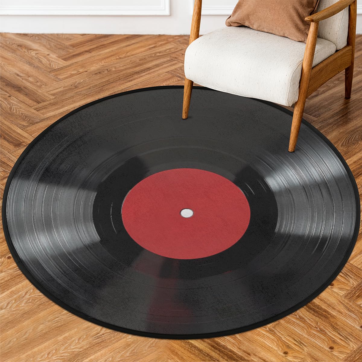 Tapis rond salon musique style rétro vinyle Mexpekil antidérapant rouge et noir