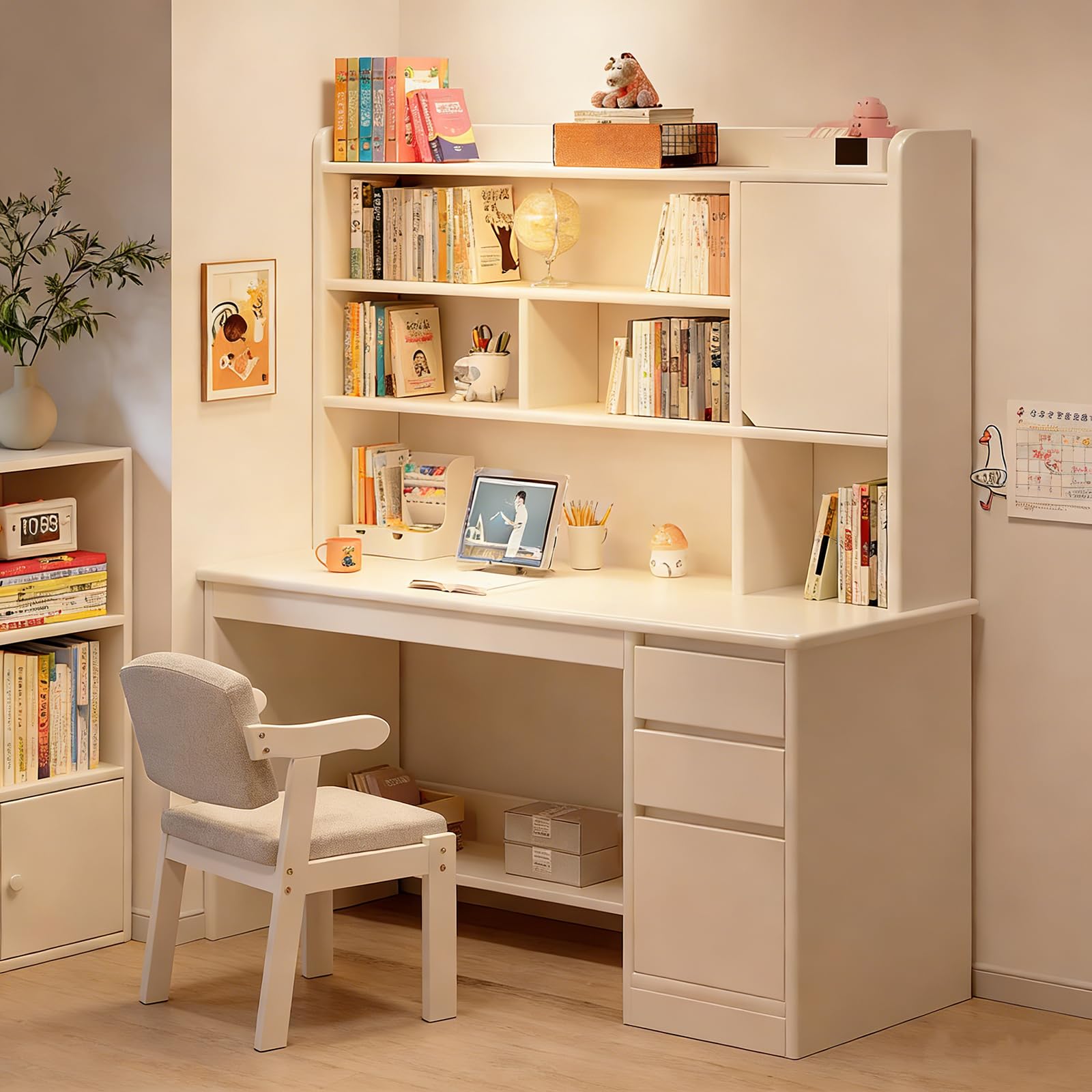 Zhfasds White Modern Home Office Desk With Hutch，Computer Desk With Drawers Wooden Writing Workstation With Drawers Computer With Storage Shelves Wooden Furnitur(Size:120x45x165cm,Color:white)