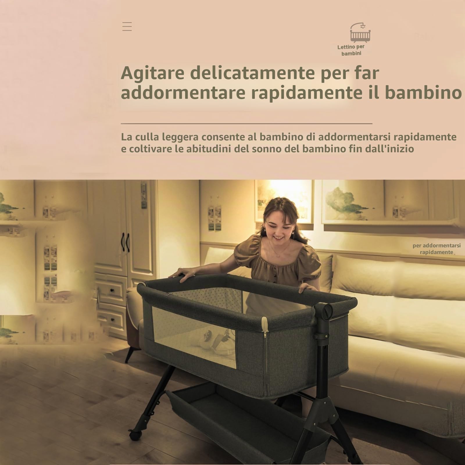 Lettino portatile da comodino, regolabile in altezza, con zanzariera, colore: grigio nero (grigio)