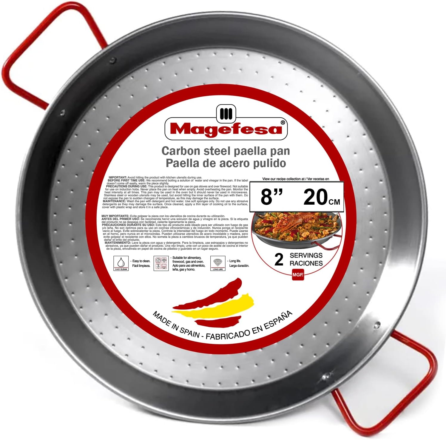 MAGEFESA Carbon - paella pan 8 in - 20 cm and 1 Servings, made in Carbon Steel, with dimples for greater resistance and lightness, ideal for cooking outdoors, cook your own Valencian paella
