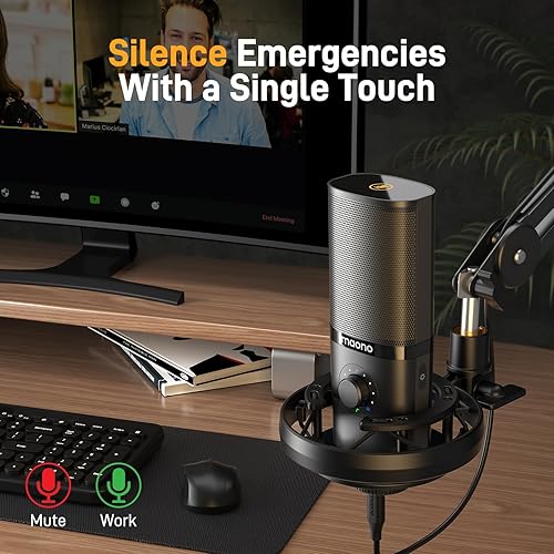 Miniatura 5 de MAONO Micrófono de condensador USB con soporte de choque, brazo de brazo, software, silencio, perilla de ganancia, control de volumen para