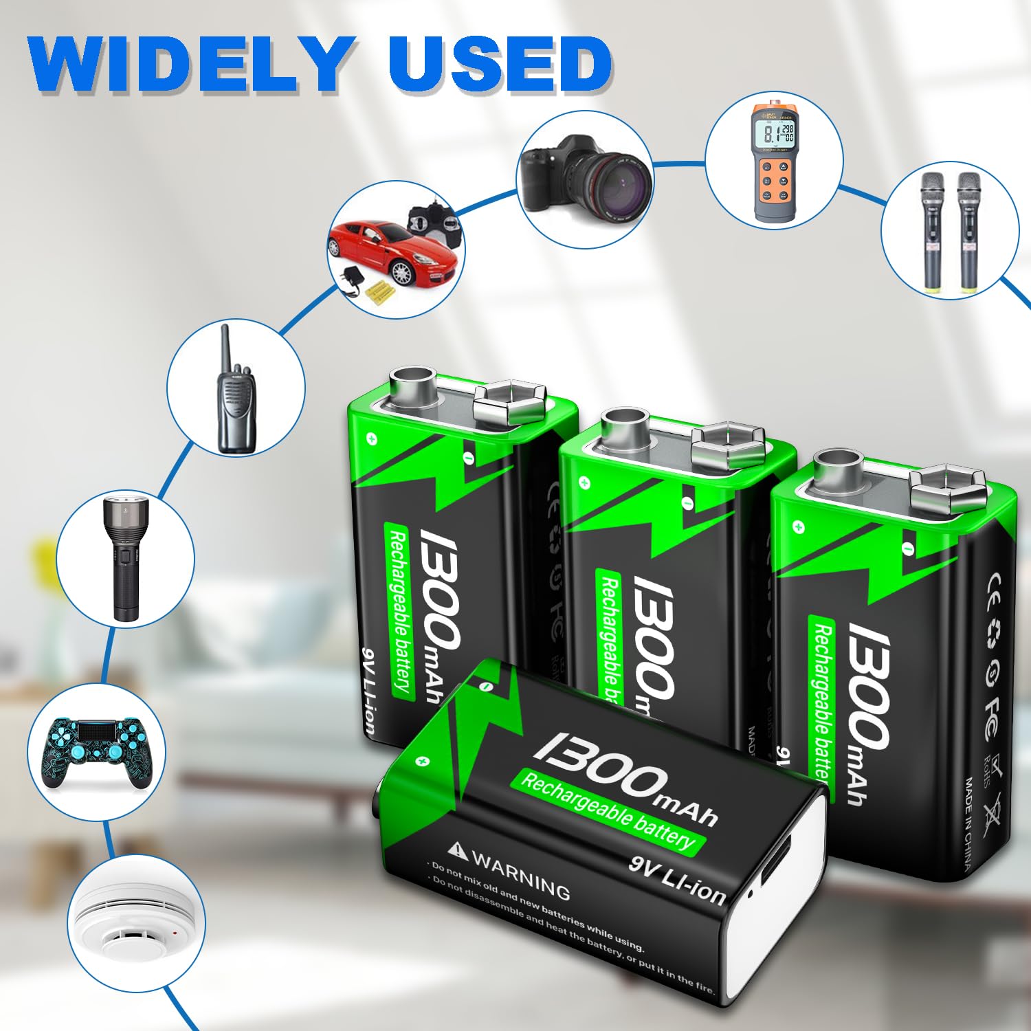 Batería recargable de 9 V, 1300 mAh de iones de litio con cable de carga rápida USB-C, ideal para detectores de humo, alarmas, micrófono, multímetro, etc. (8 unidades)