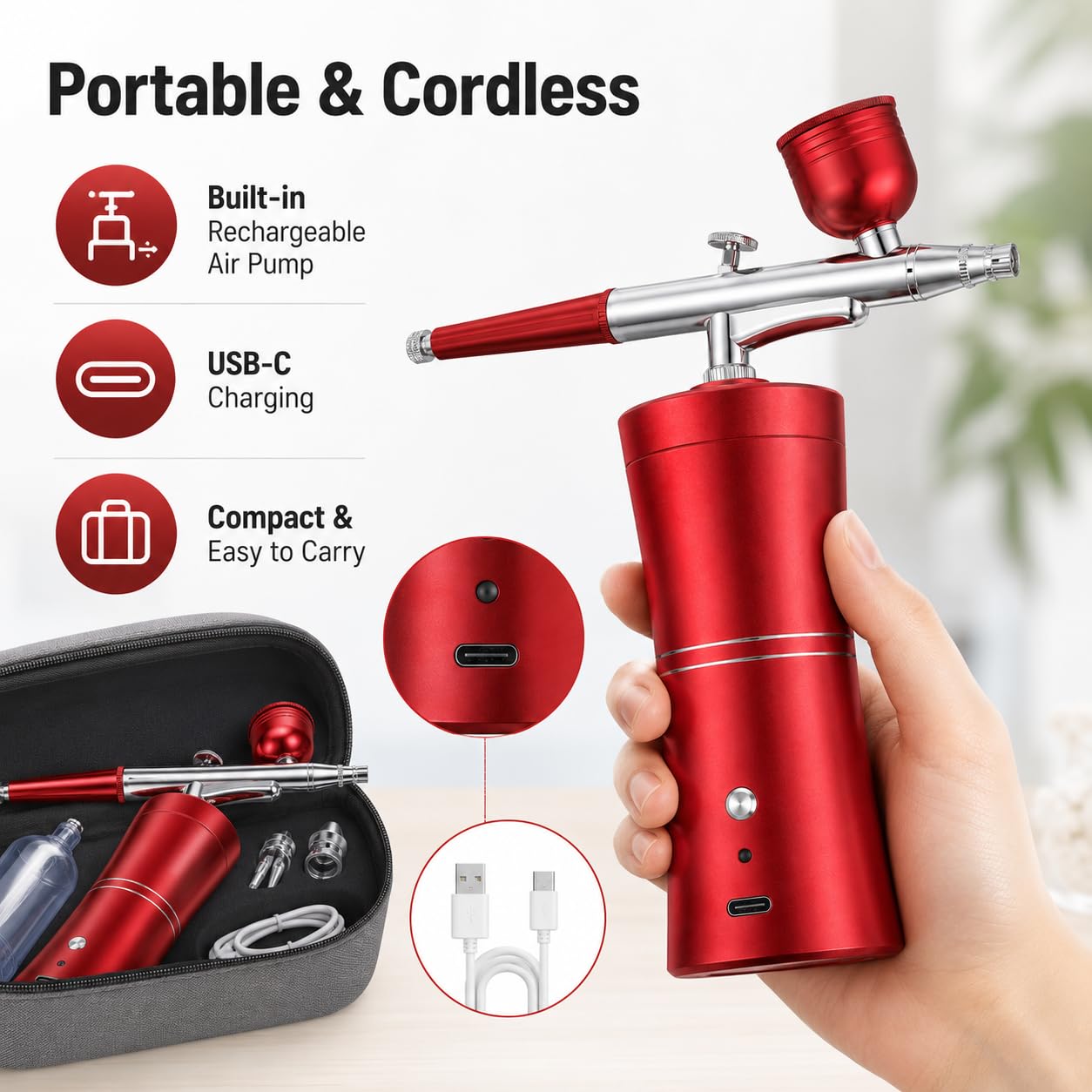 Zestaw aerografów z kompresorem USB C, czerwony