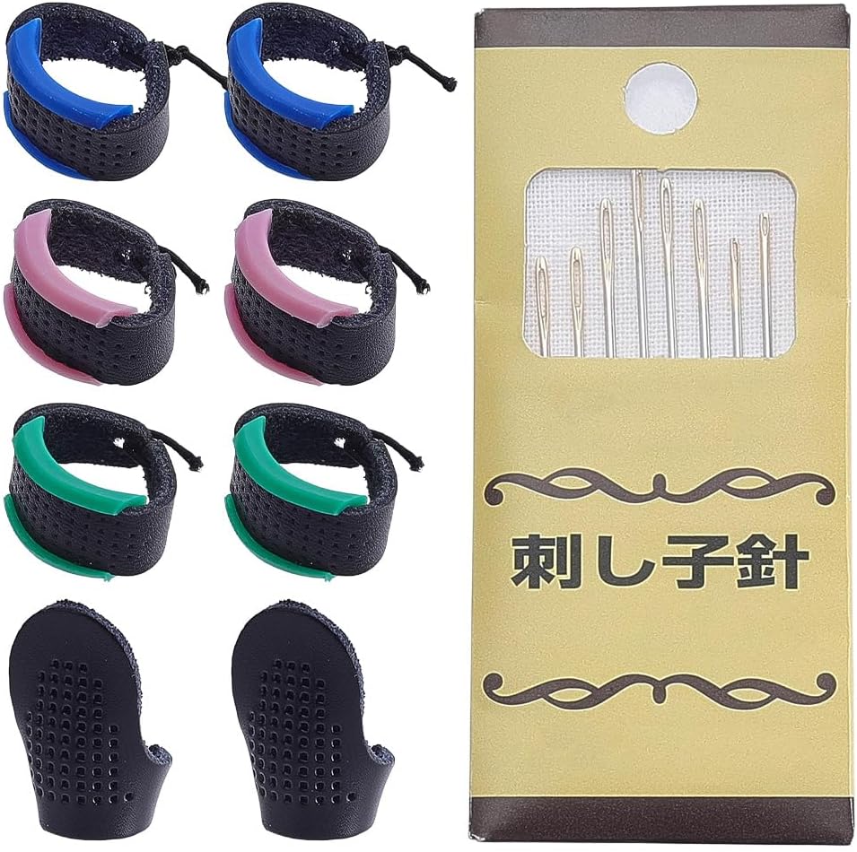 FREEBLOSS Sashiko Sewing Pack Japanese Sashiko Kit with 8 Needles and 4 Pairs of Adjustable Leather Thimble for Embroidery Sewing Supplies