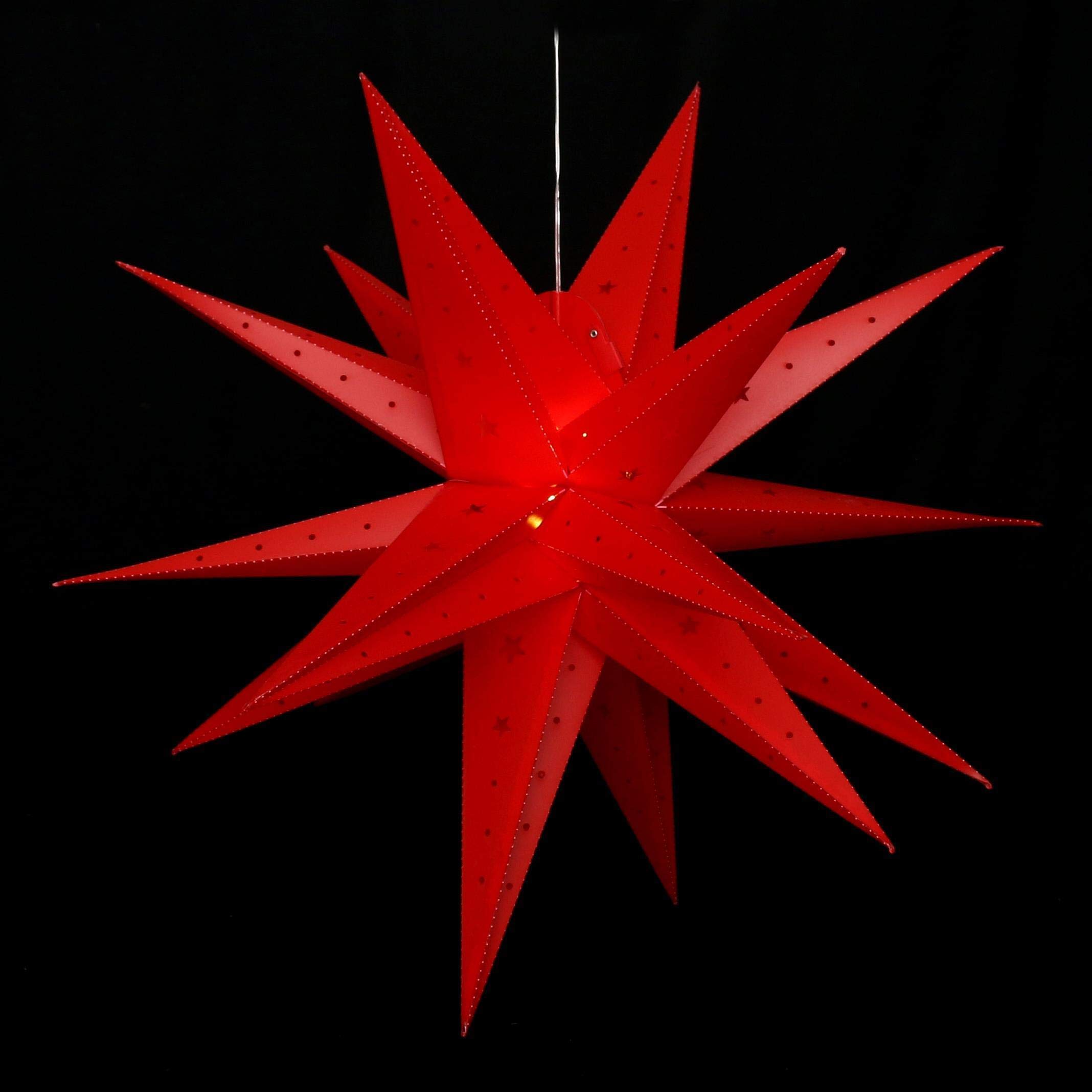 Dekohelden24 Stella dell'Avvento in plastica apribile, 80 cm, con 18 punte, colore rosso, illuminazione LED e adattatore, per interni ed esterni, 833101-1