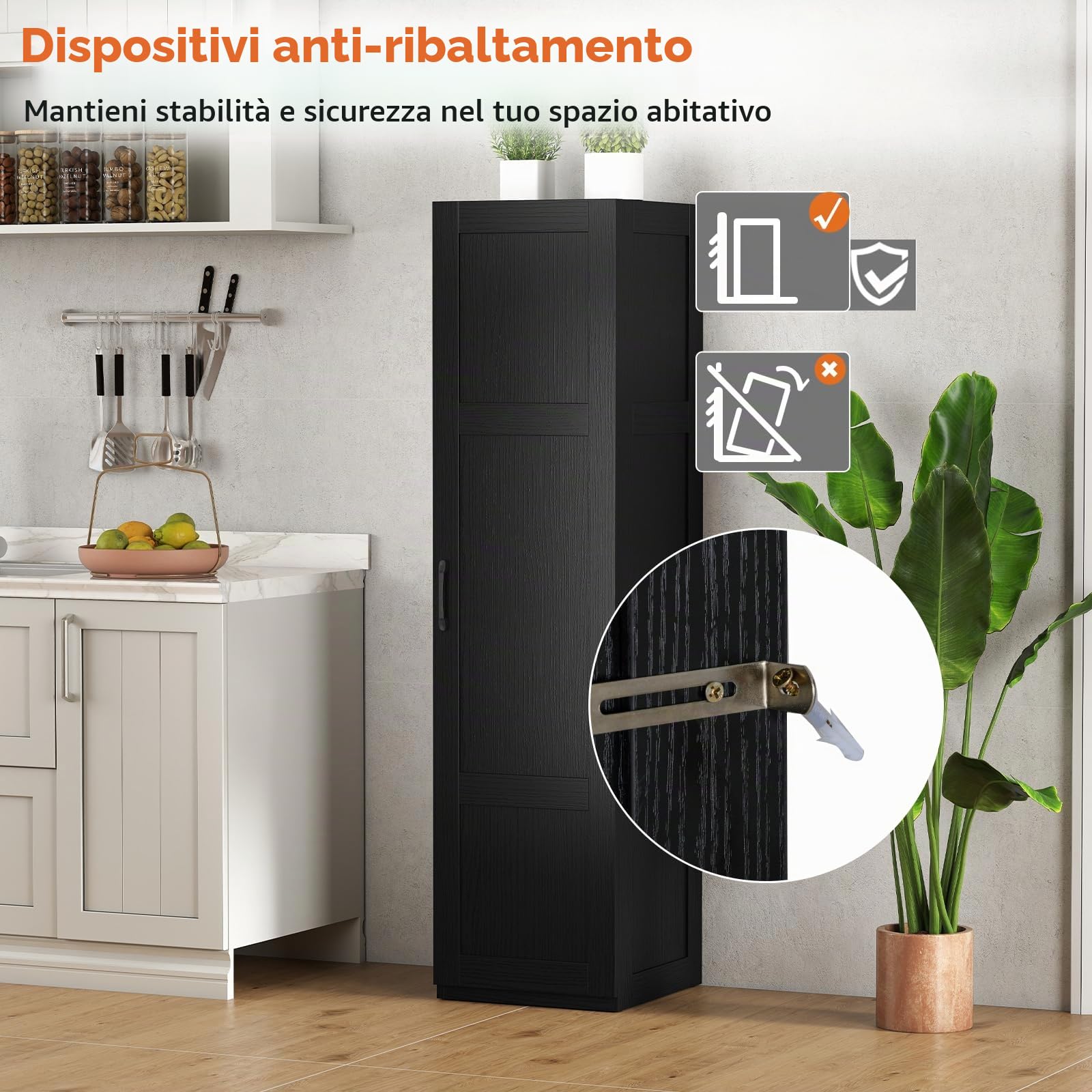 KOMFOTTEU Credenza da Cucina con Manico in Metallo, Armadio a Buffet Antiribaltamento, Mobile da Bagno Stretto a 4 Ripiani, per Sala da Pranzo, Soggiorno, 37,5 x 40 x 150 cm (Nero)