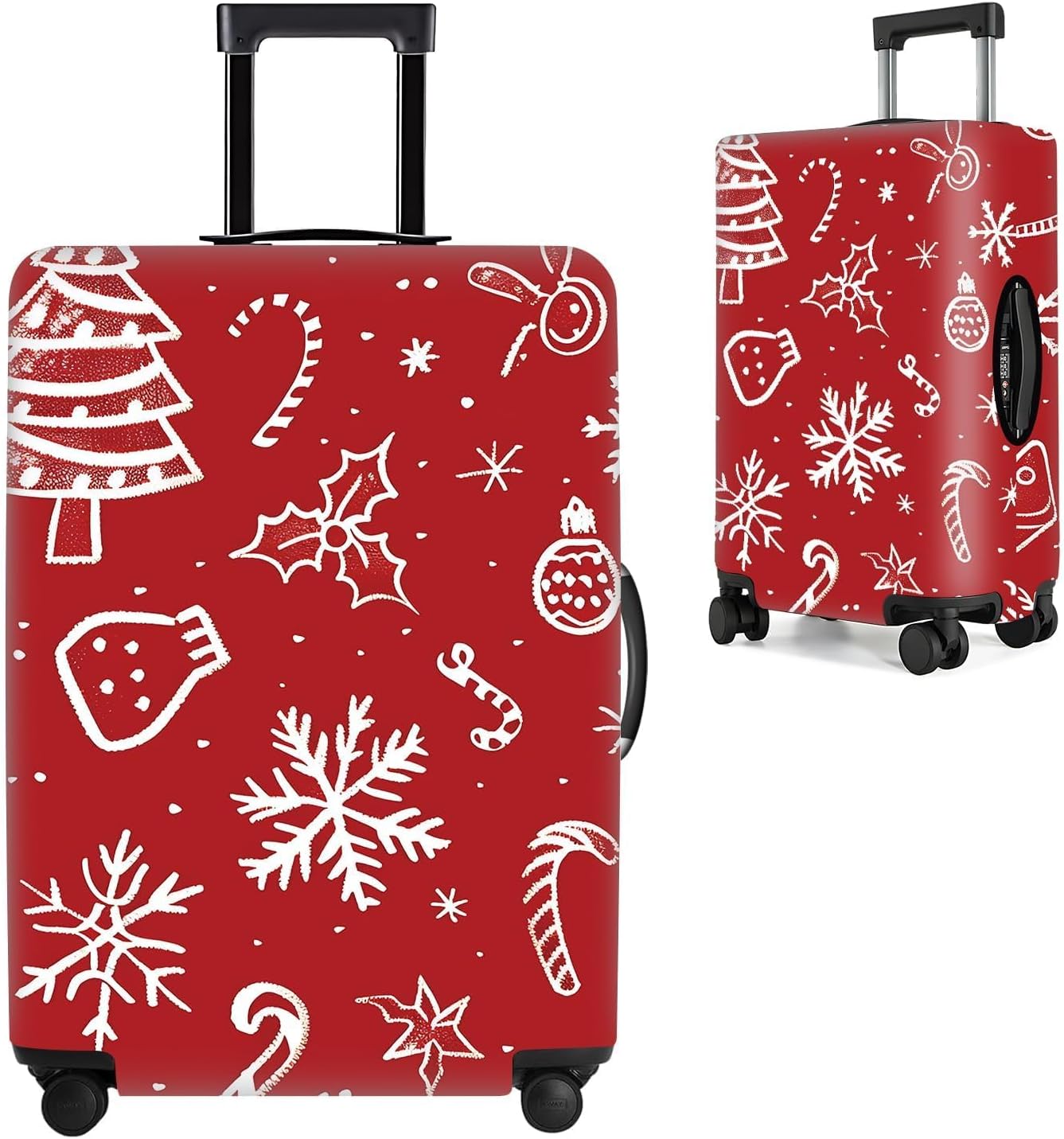 Red Christmas Luggage Cover – Snowflake & Candy Cane Suitcase Protector, Holiday Travel Luggage Sleeve, Stretchable & Waterproof,XL