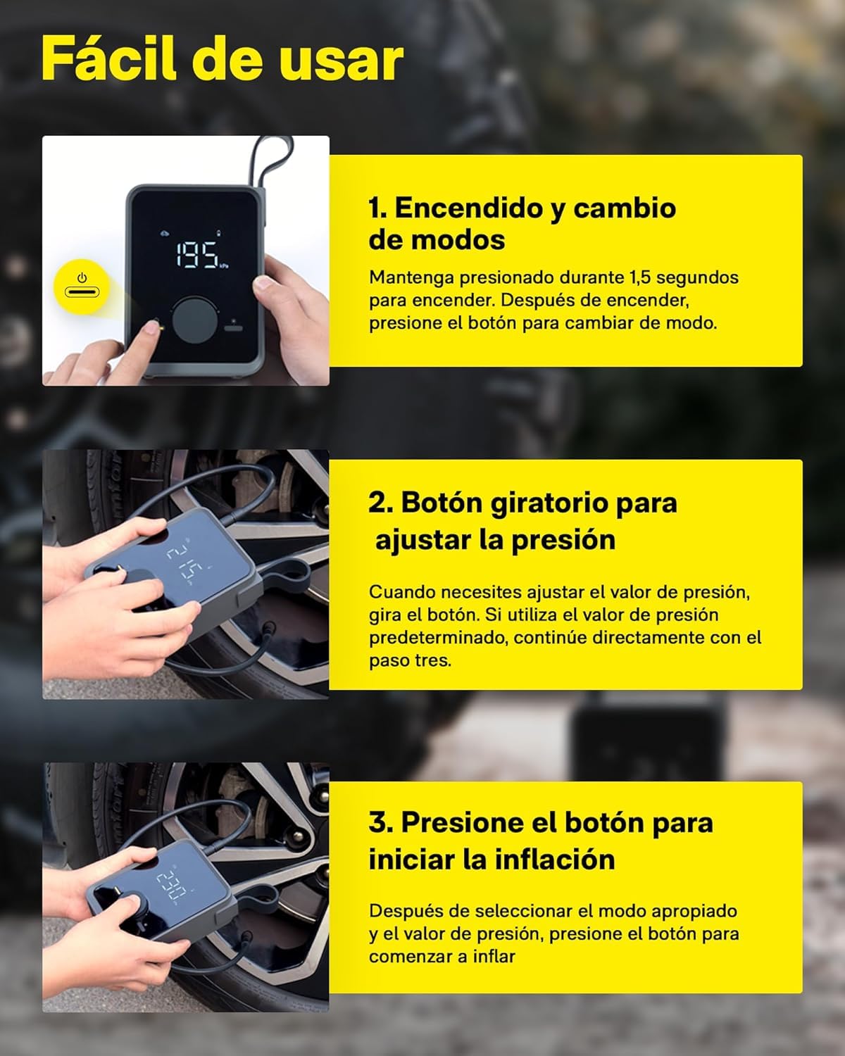 Compresor Aire Portatil 120PSI, Hinchador Ruedas Coche 2500mAh Batería | 5 Modos, Parada Automática con Pantalla LCD Digital y Linterna LED, para Coches, Motos, Bicicletas Pelotas