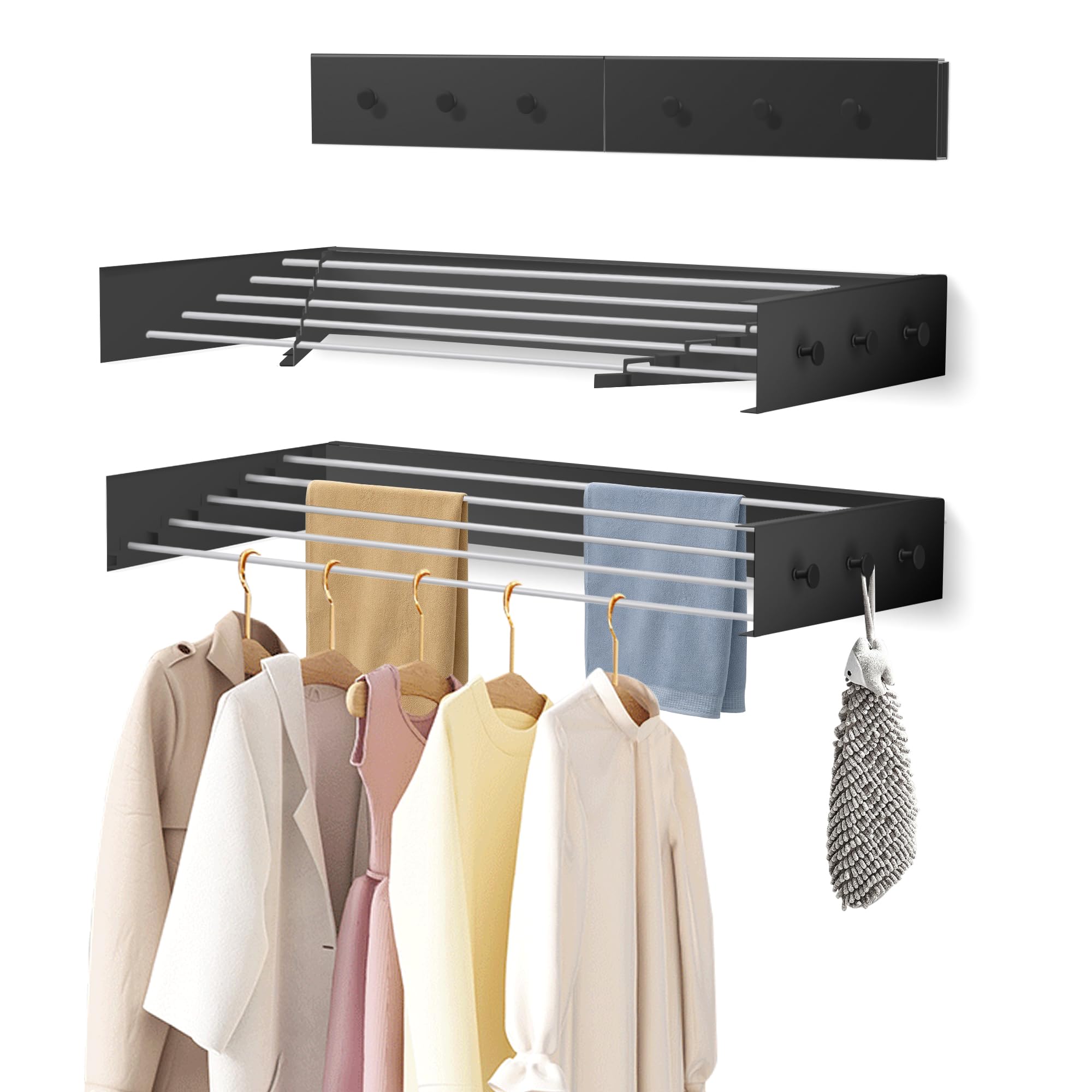 WELTRXE Wall Mounted Clothes Drying Rack, Collapsible Laundry Clothes Airer with 6 Hooks, Foldable Towel Rack