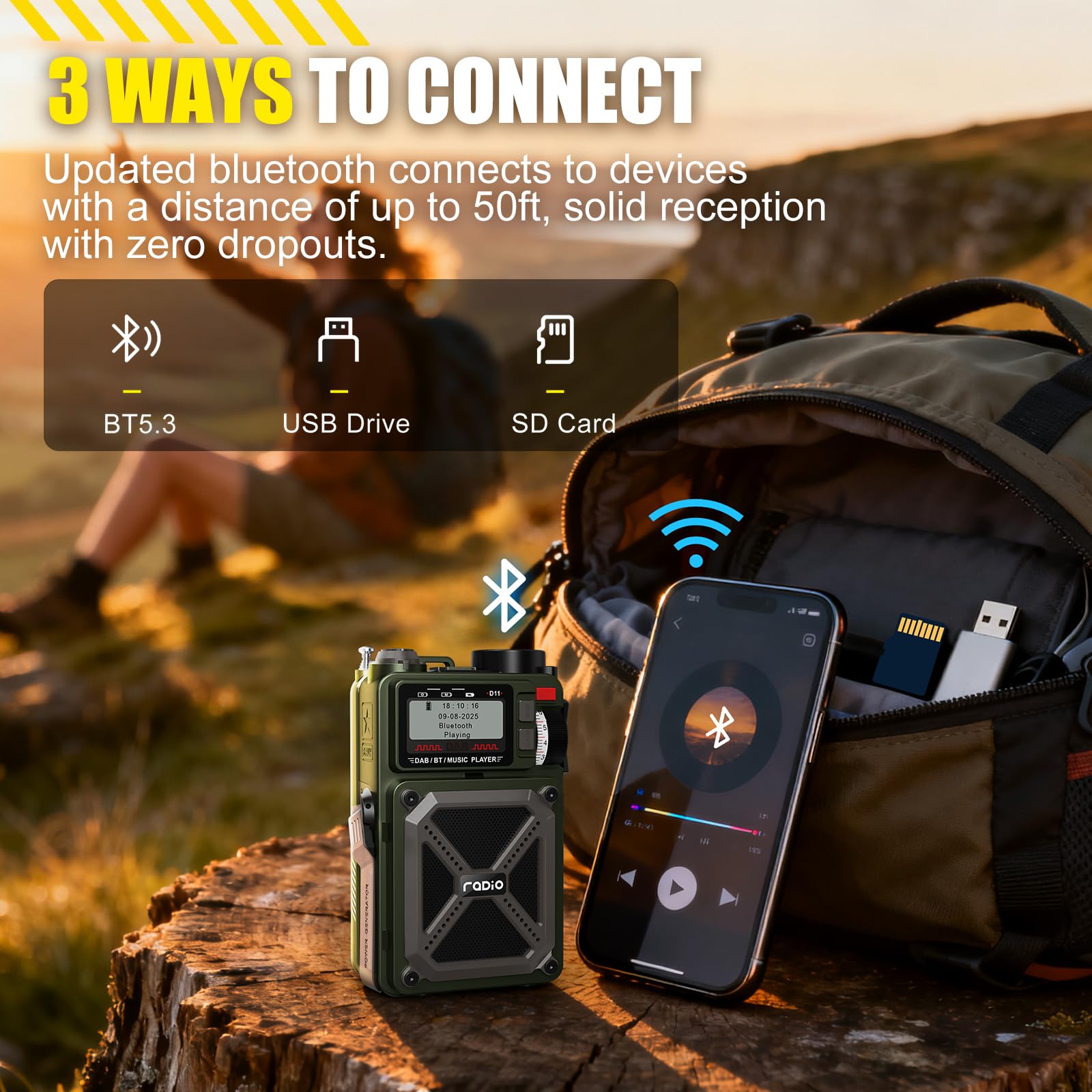 Radio DAB e FM portatile con Bluetooth 5.3, radio solare, batteria ricaricabile da 4000 mAh, radio a manovella con SOS, torcia, jack per auricolari, scheda SD, USB, radio a carica di emergenza