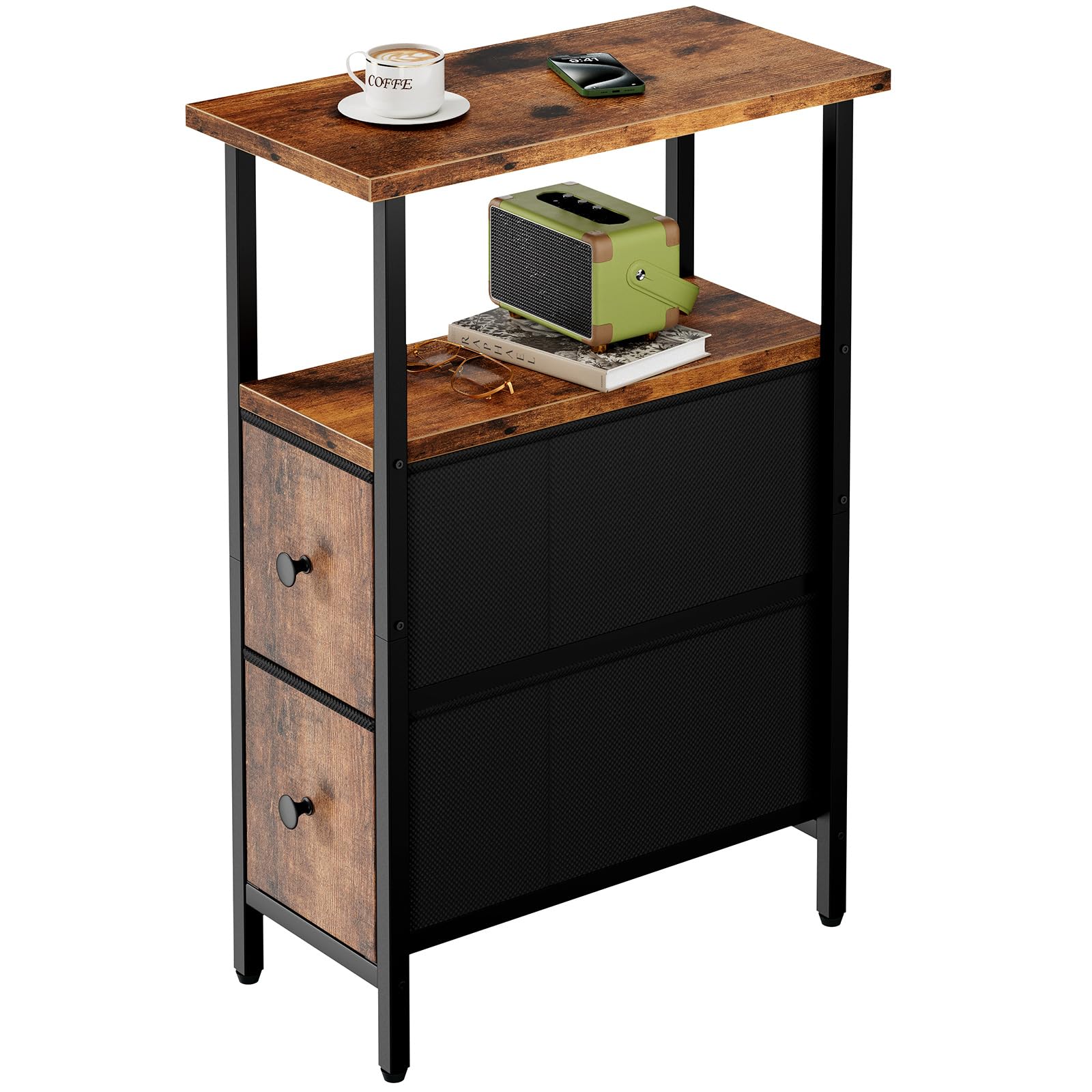 YMYNY Narrow Side Table, Slim Bedside Table with 2 Fabric Drawers, Nightstand for Small Spaces, Sofa Table with Open Storage Shelf for Bedroom Living Room, Rustic Brown HST019H