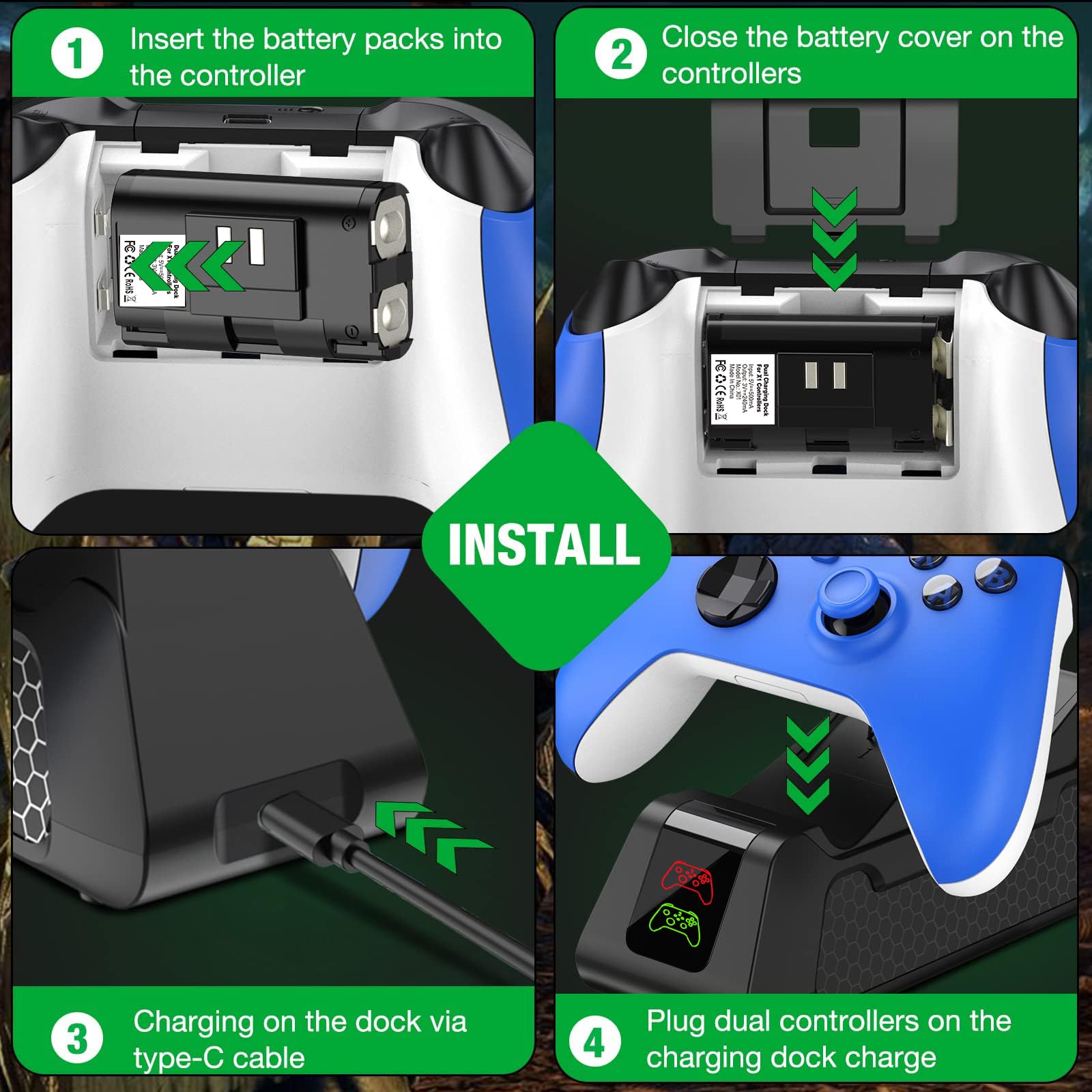 Stazione di ricarica per controller Xbox One Pacchetti batteria ricaricabile per Xbox, 2x1800mAh batterie ricaricabili per Xbox Series X/S & Xbox One/S/X/Elite Controller Charging Dock Station-4