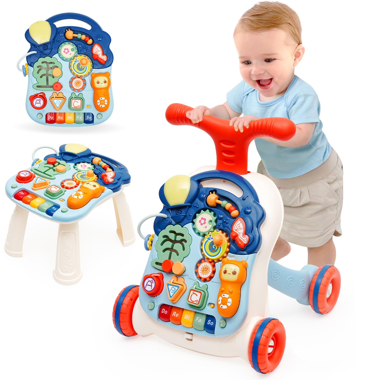 Carrellino Primi Passi Rimovibile Regolabile in Altezza,Primi Passi per Bambini Multifunzionale con Luce,Giocattolo Elettronico Educativo con Musica e Suoni,Girello per 9+ Mesi