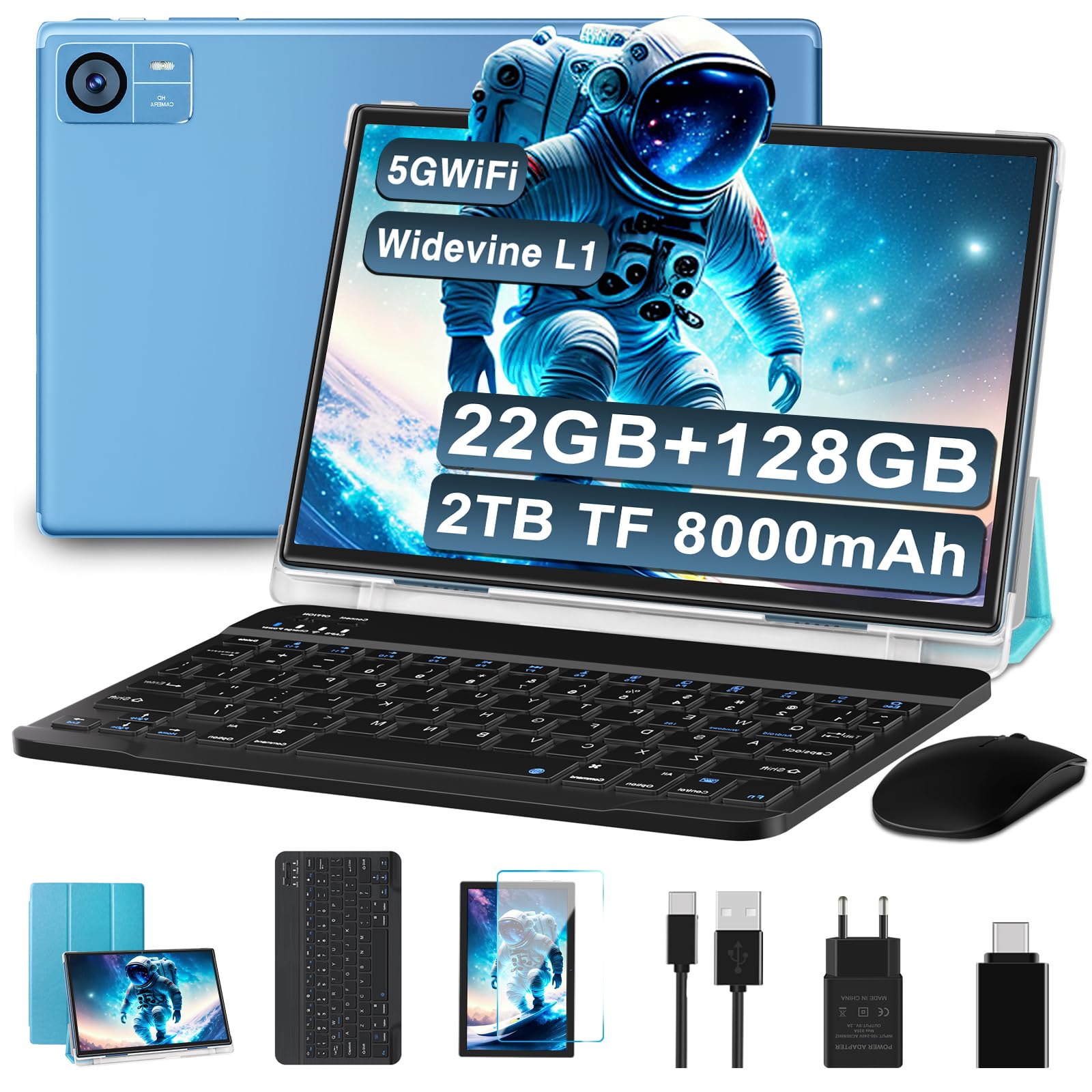GOODTEL 2026 Tablet Android 10 Pollici 22GB RAM+128GB ROM(2TB TF), 8000 mAH,Octa-Core,2.0Ghz, WiFi5G+2.4G, GPS, 8MP + 5MP, Bluetooth 5.0,OTG, Cast, Tablet PC con Custodia, Tastiera e Mouse,Azul