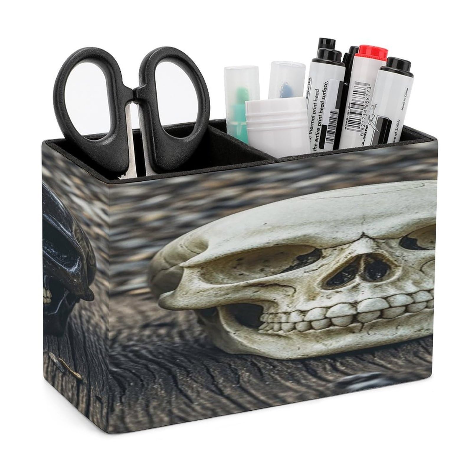 LZQPOEAS Skull on The Ground Leather Pen Holder with 2 Compartments Luxury Pencil Holder Minimalist Pencil Cup Brush Scissor Holders Elegant Pen Cup for Office Home Desk Accessories