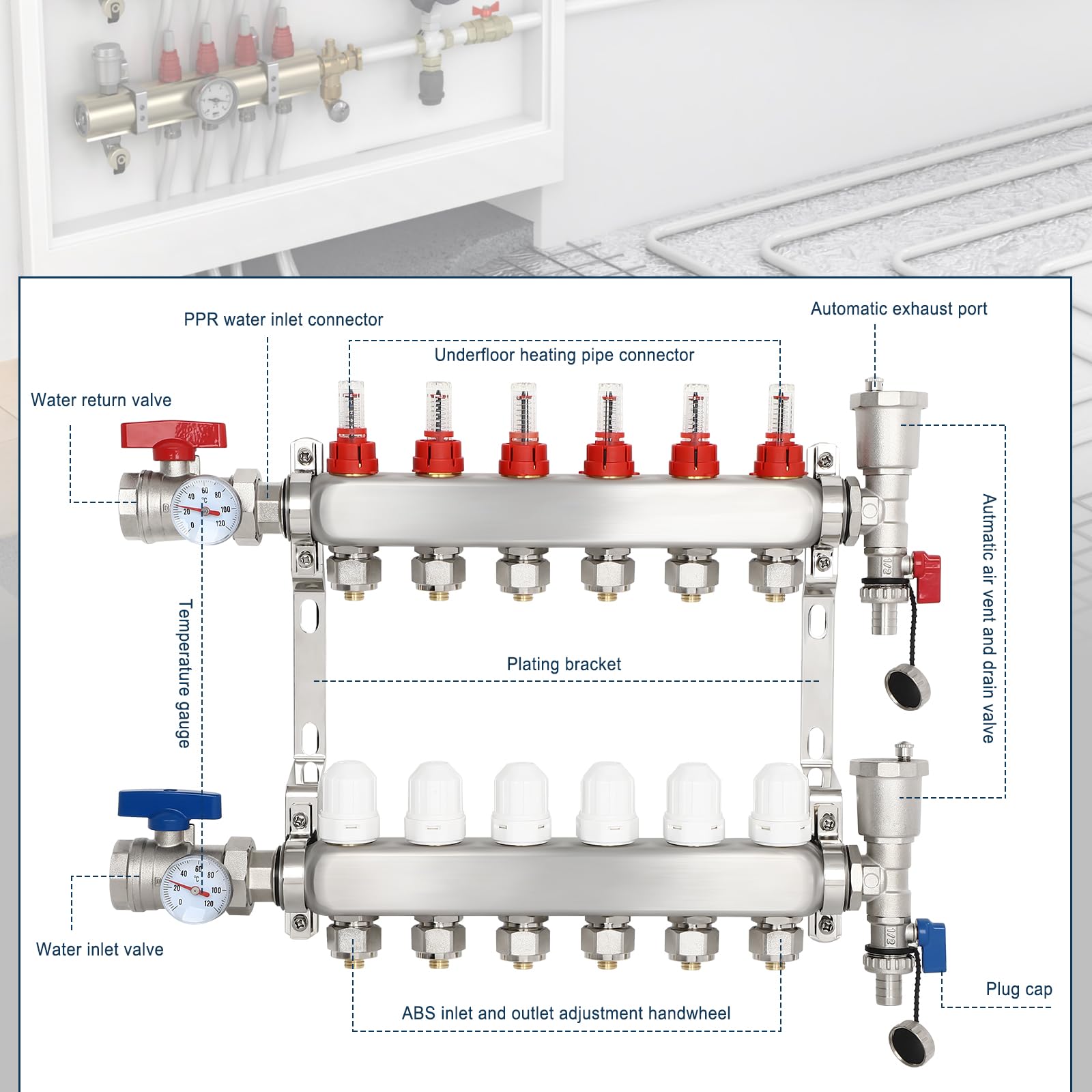 Collettore Pex a 6 Rami, Tubo Pex da 1/2, collettore per Riscaldamento radiante a Pavimento, valvola per collettore di Riscaldamento a Pavimento radiante idronico