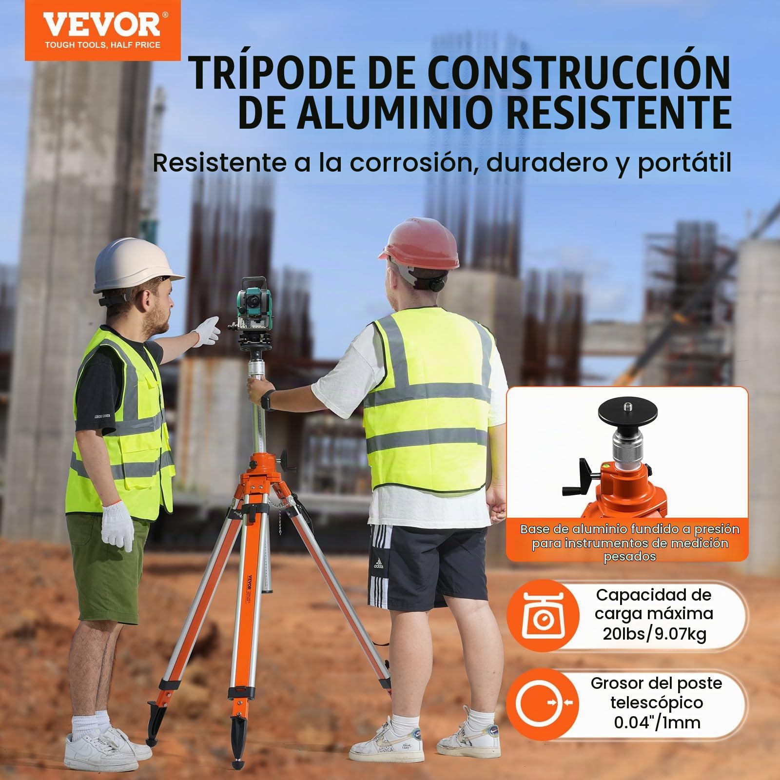 VEVOR Trípode para Nivel Láser Resistente, Ajuste de Altura de 1145-2905 mm, con Burbuja de Nivel y Limitador de Difusión, Pies Antideslizantes Elevables para Construcción, 200 x 145 x 1270 mm