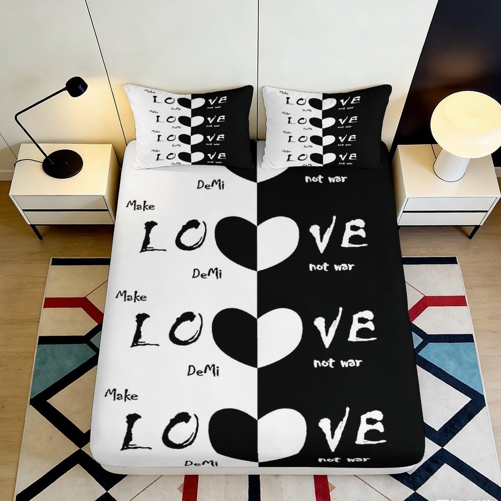 3D Printed Black White Love Heart Fitted Sheet Microfiber Soft Mattress Cover for Bedroom Dorm Mattress Protection Decor 160x200x25cm