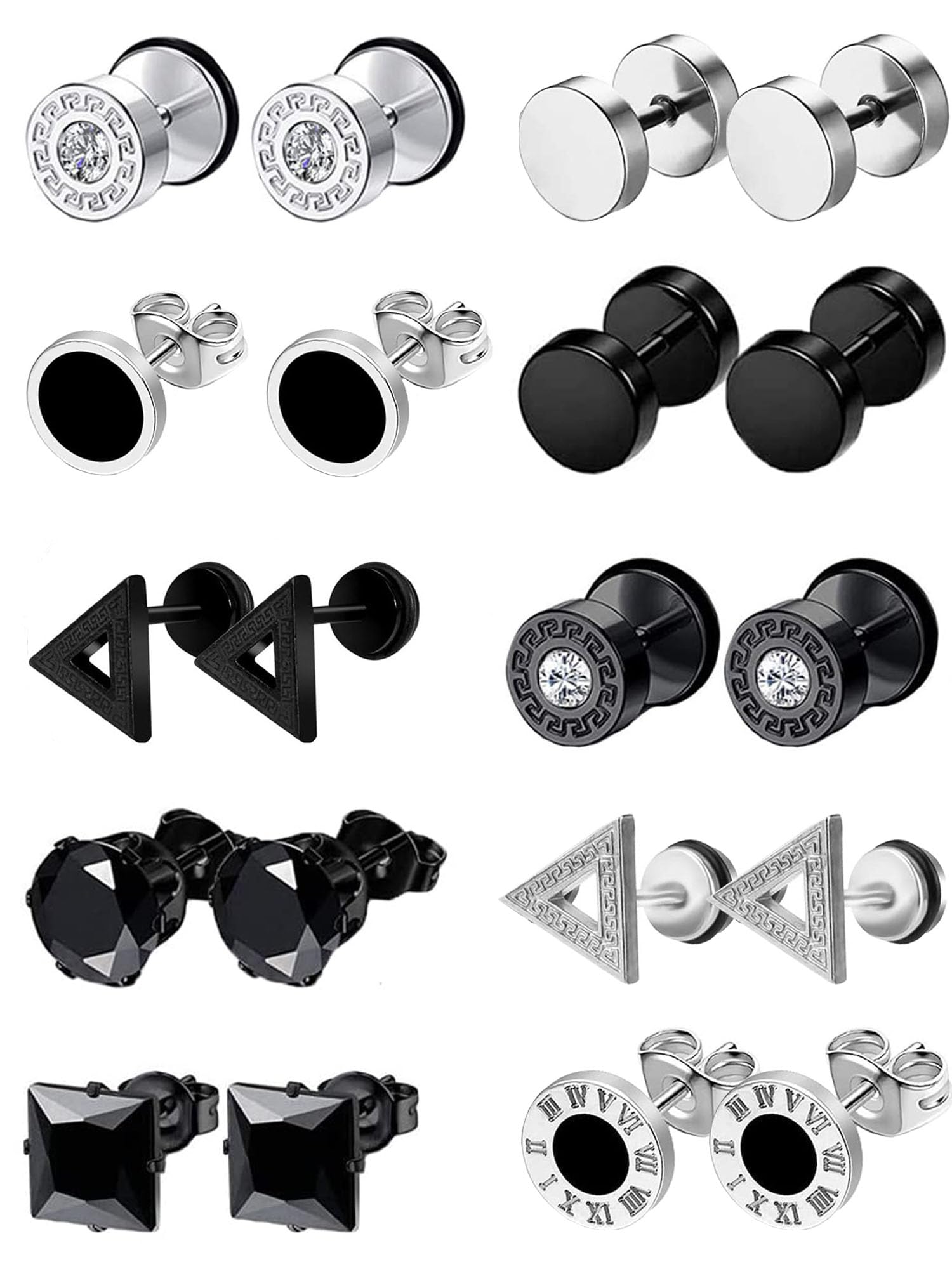 Yalimaza 10Pares Pendientes de Negros de Acero Inoxidable para Hombres y Mujeres Negros Pendientes de Aro Huggie CZ Kpop Pendientes de Botón Circonita Redondos Cuadrados Pendientes Hombre Negro Punk Pendientes