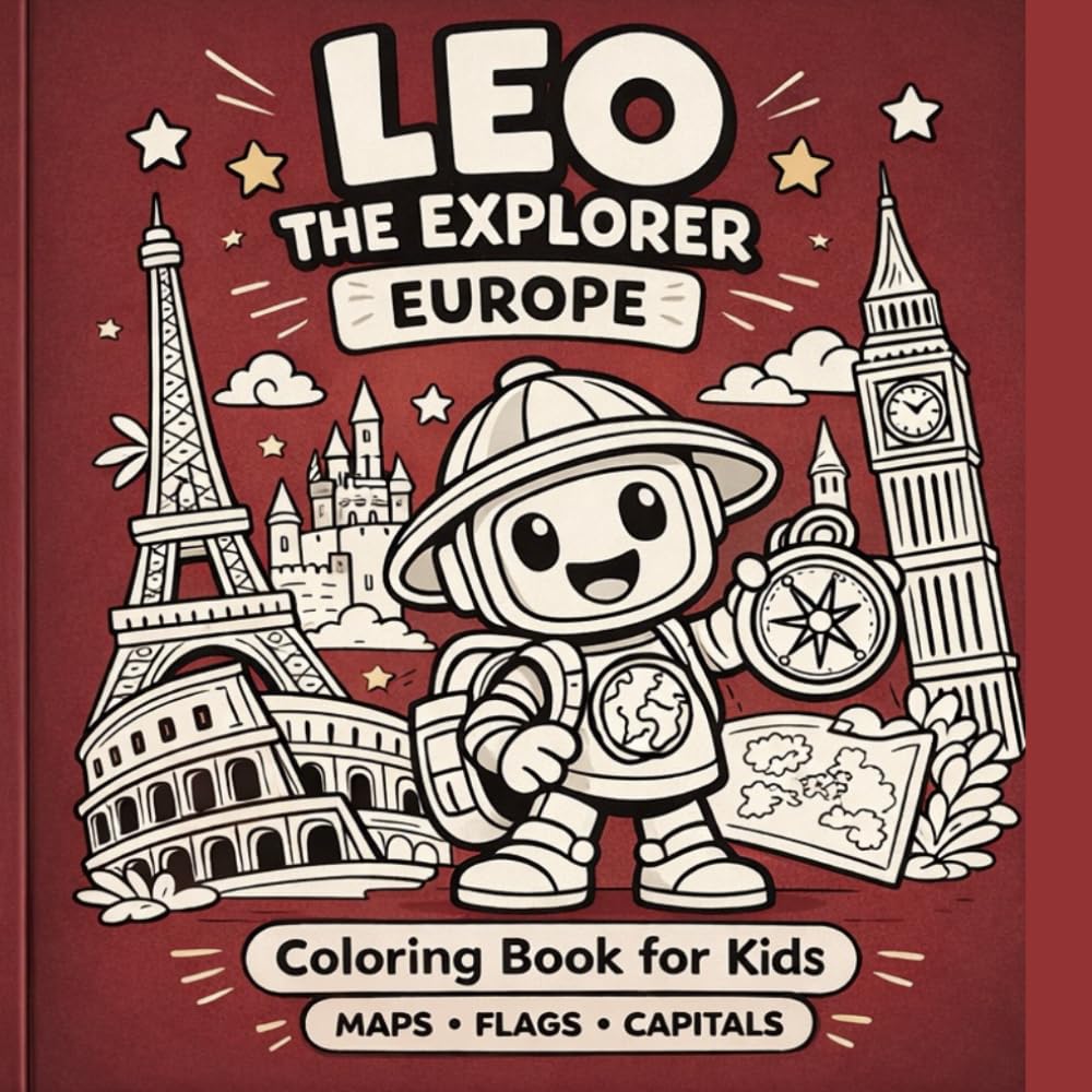 Leo the Explorer: Europe Coloring Book for Kids: Maps, Flags and Capitals – Fun Educational Geography Activity Book for Kids Ages 6–10