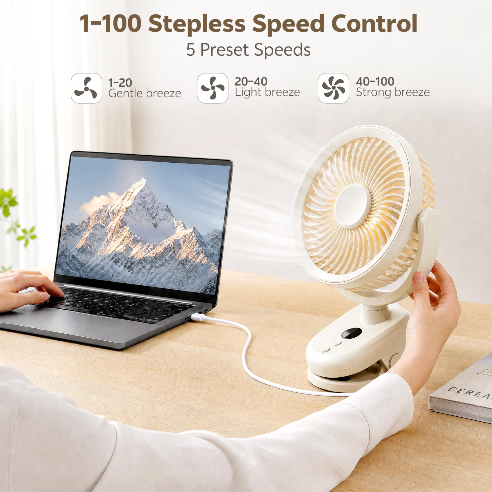 Ventilatore Piccolo da Tavolo con Clip e Luci LED, Miniventilatore USB da Scrivania a Batteria da 5000mAh, 1-100 Velocità Regolabili, Ventilatore Ricaricabile Portatile per Passeggino Auto Campeggio