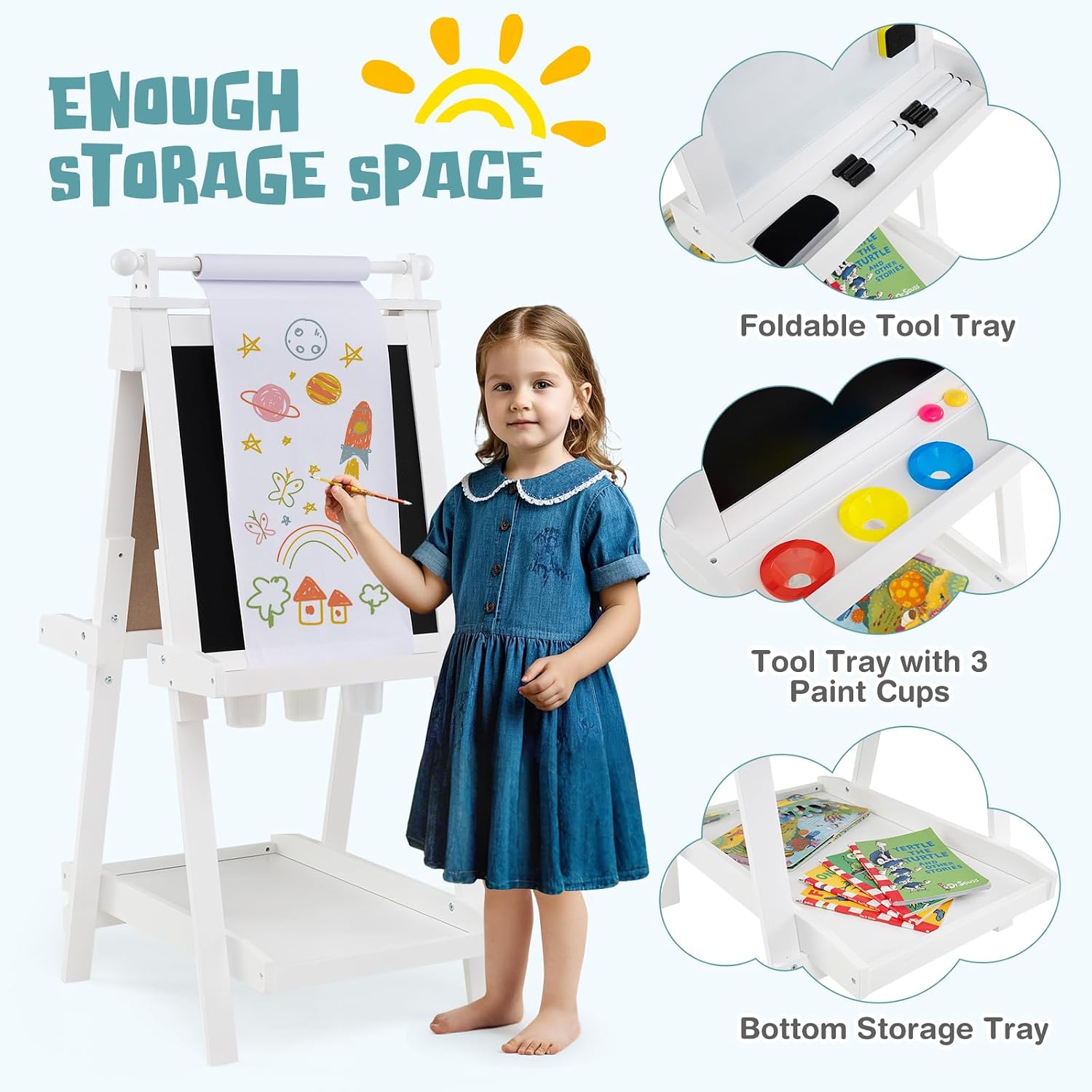 HONEY JOY Art Easel for Kids, Foldable Height Adjustable Double-Sided Toddler Easel w/Magnetic Whiteboard & Chalkboard, Paper Roll, Storage Trays, Wooden Kids Easel for Boys Girls Aged 3+ (White)