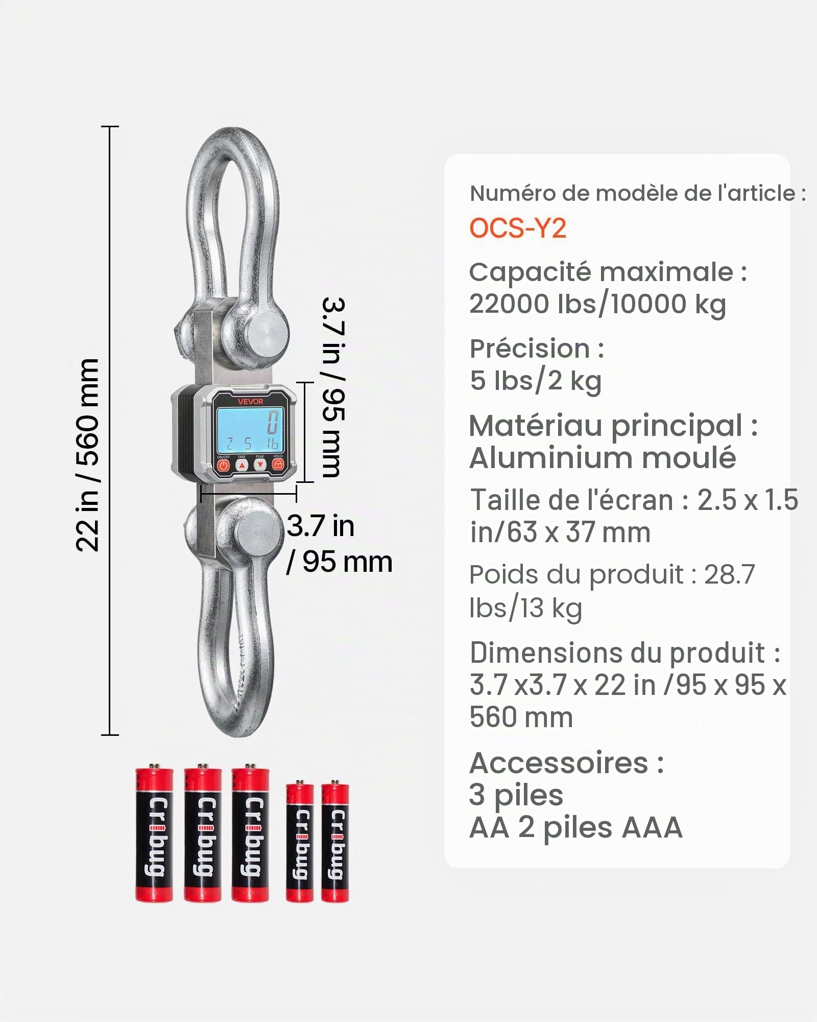VEVOR Balance à Grue Numérique 10000 kg Balance Suspendue Industrielle Précision 2 kg Peson Électronique pour Usines Entrepôts Fermes, Écran LCD, 3 Unités, avec Boîtier Aluminium Moulé, Télécommande