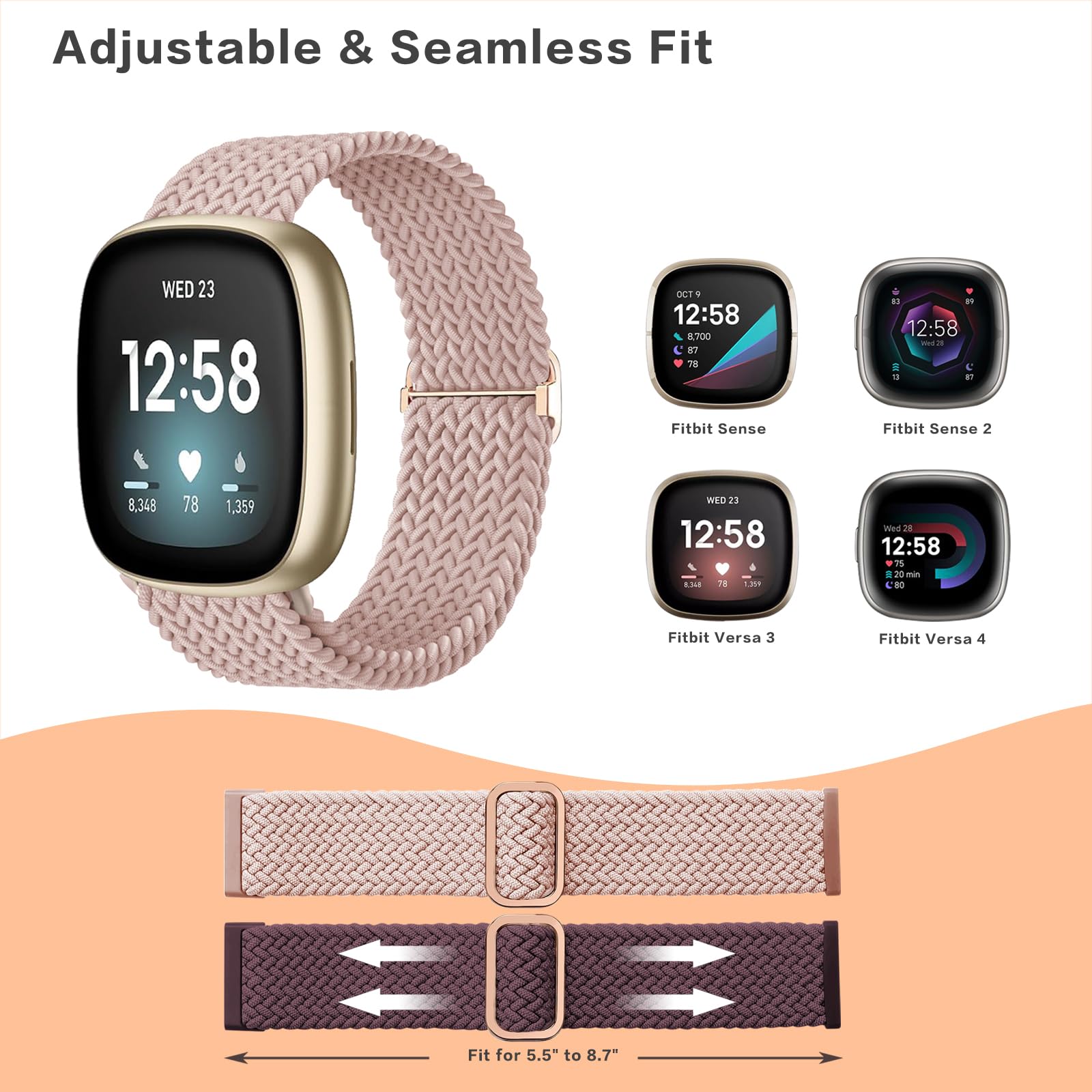 Zythtic 2 Pack Braided Straps Compatible with Fitbit Versa 3 Strap/Fitbit Versa 4 Strap/Fitbit Sense/Sense 2 Strap for Women Men Elastic Nylon Straps for Versa 3 /Versa 4 /Sense/Sense 2 - Image 2