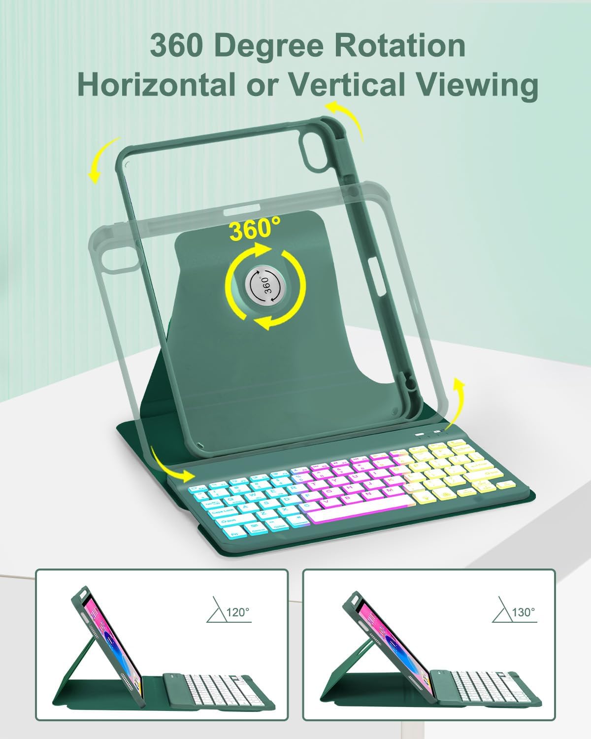 Case with Keyboard Mouse for iPad A16 11th 10th Generation 11/10.9 inch,Rainbow Backlit Detachable Keypad Rotatable Magnetic Cover with Pencil Holder for iPad 11 2025 10 Gen 2022 Dark Green - Image 4