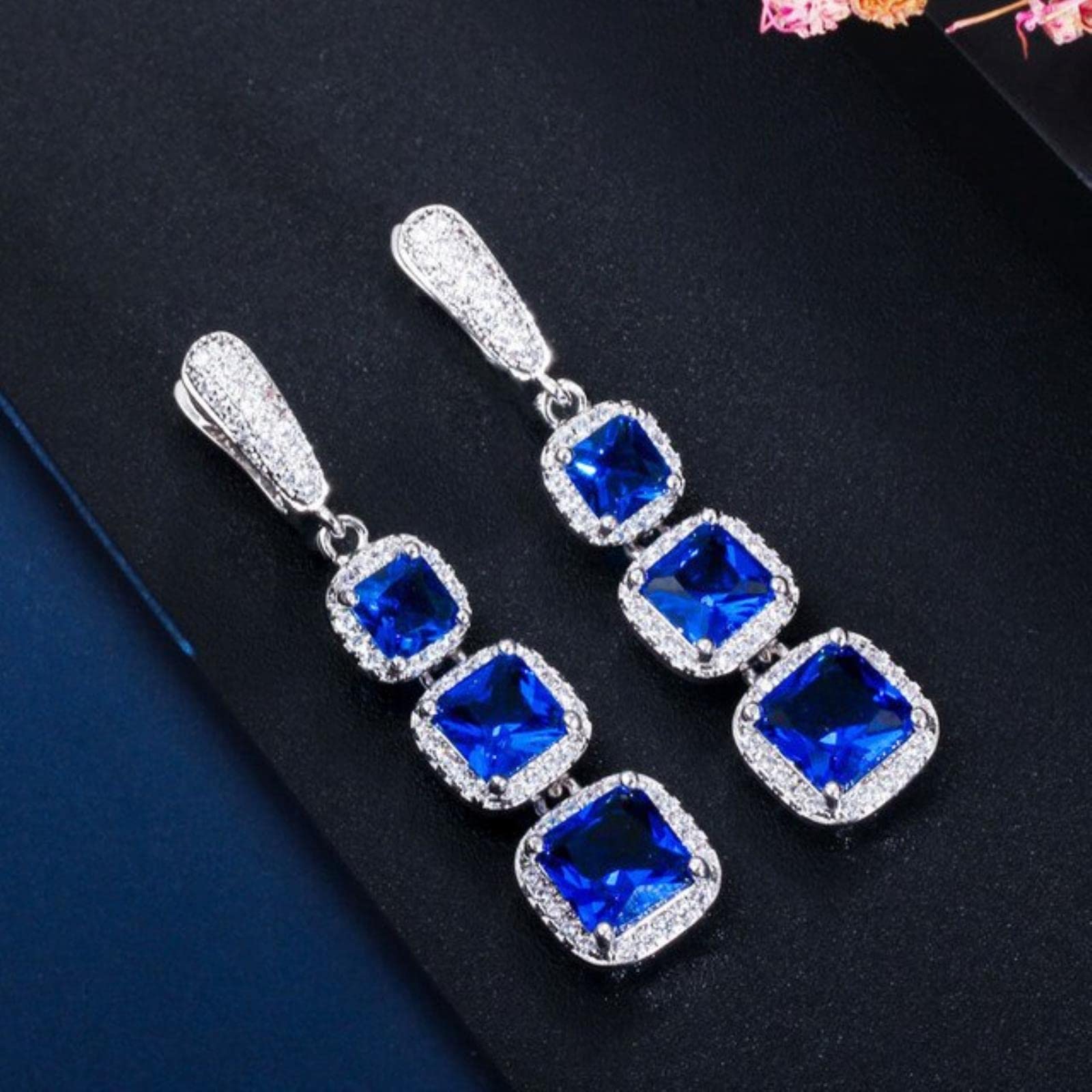 JFGCTYHXY Earrings, Zircons Square Cut Cubic Zircon Blue Green Long Dangle Huggie Hoop s Fashion Ladies Jewelry(Silver Blue)