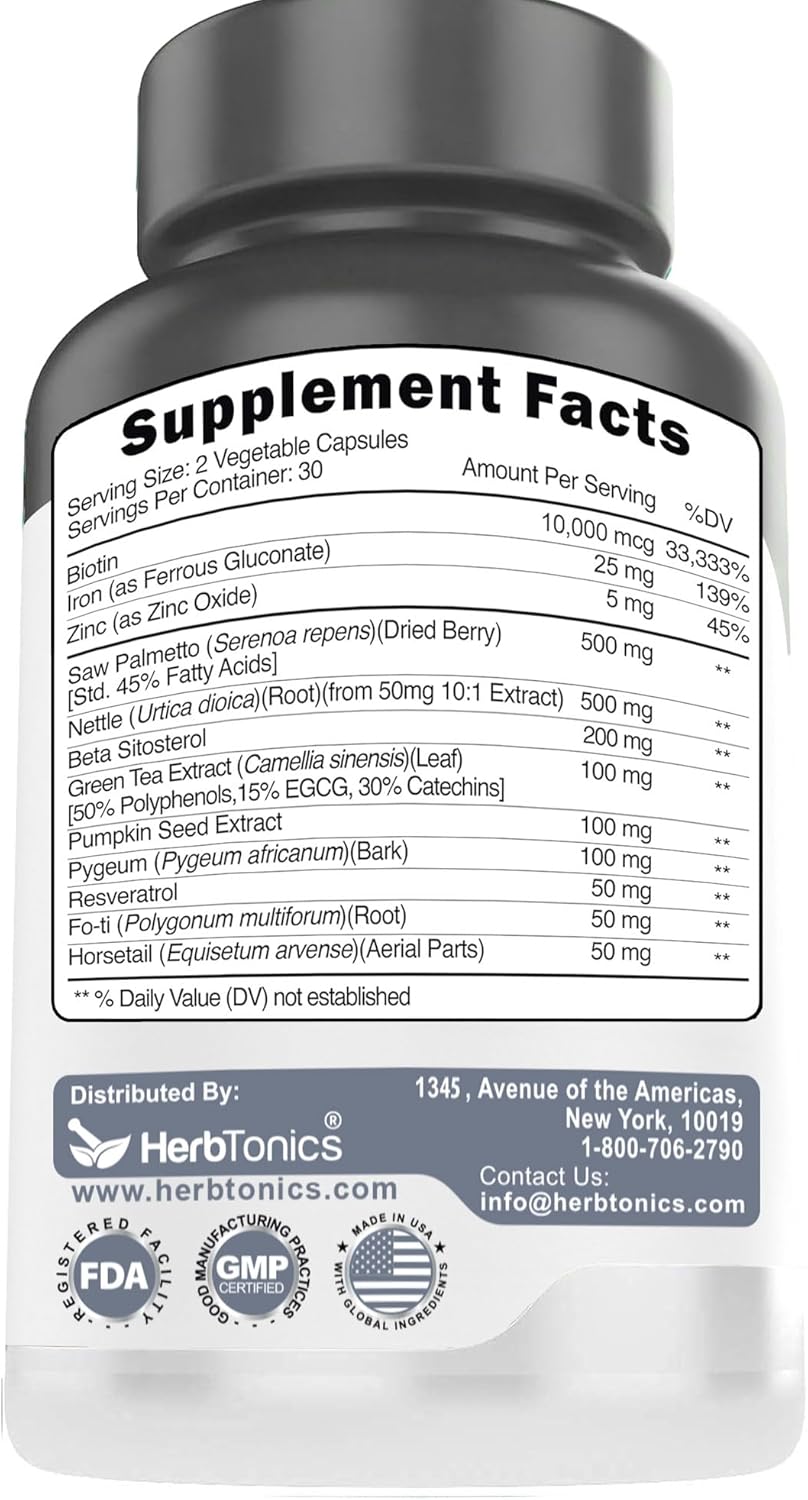 Hair Growth Vitamins for Women & Men | DHT Blocker with Saw Palmetto & 10000mcg Biotin, Foli Tonic Hair Growth Supplement – Supports Fuller, Thicker Hair Appearance, Non-GMO, 60 Vegan Capsules