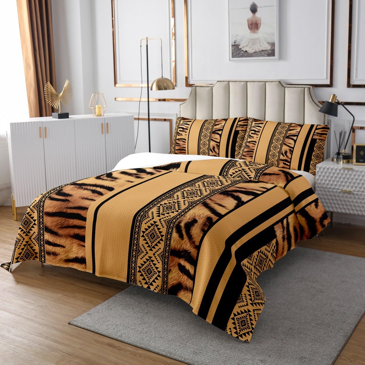 Tiger Fur Stripes Quilt Bedding Set Queen Size,Boho Tribal Aztec Exotic Geometric Bedspread Coverlet for Girls Teens,Tropical Wild Animal Skin Print Soft Polyester Quilt Set, All Season