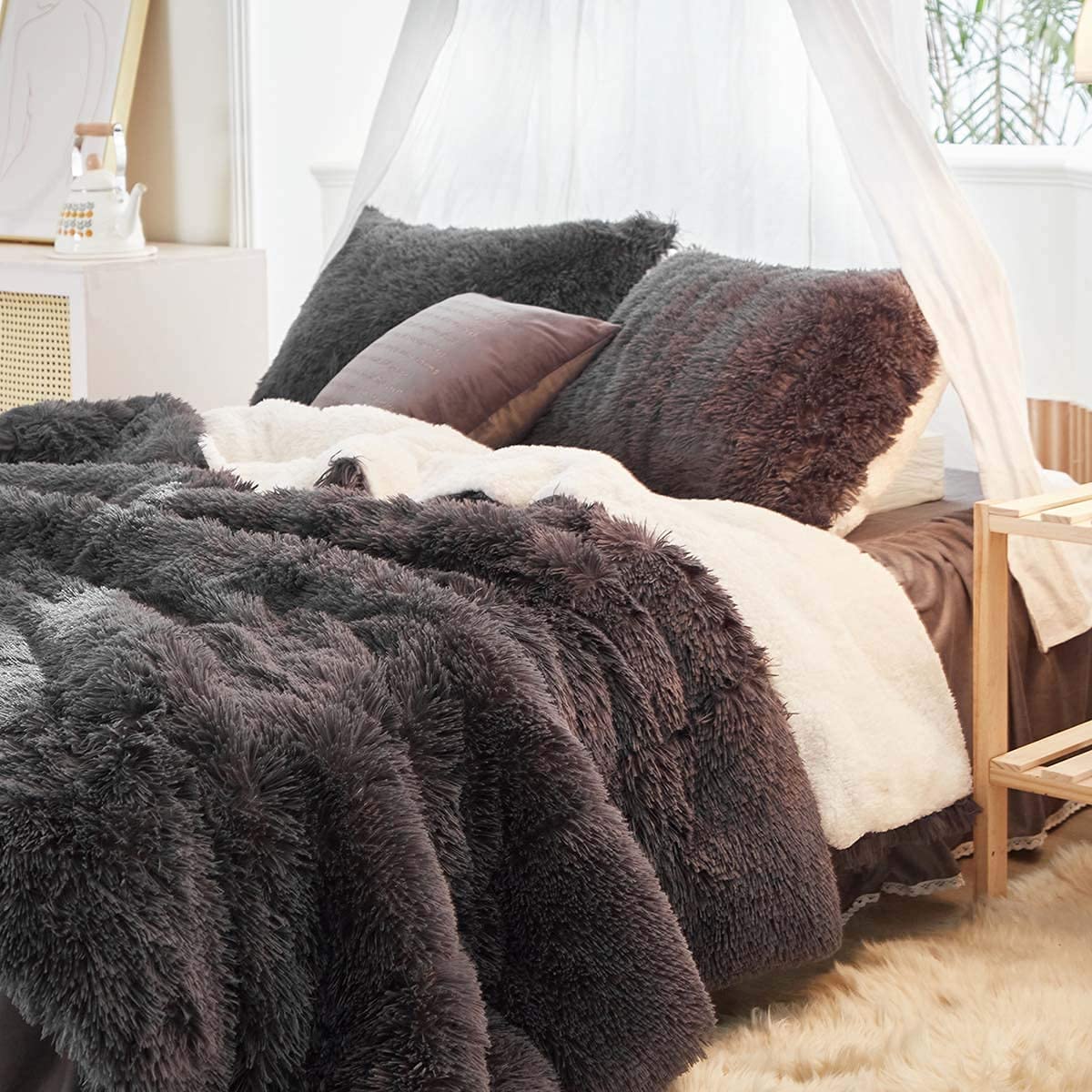 Parure de lit fausse fourrure noire couette poils longs lit jumeau peluche Uozzi Bedding taies