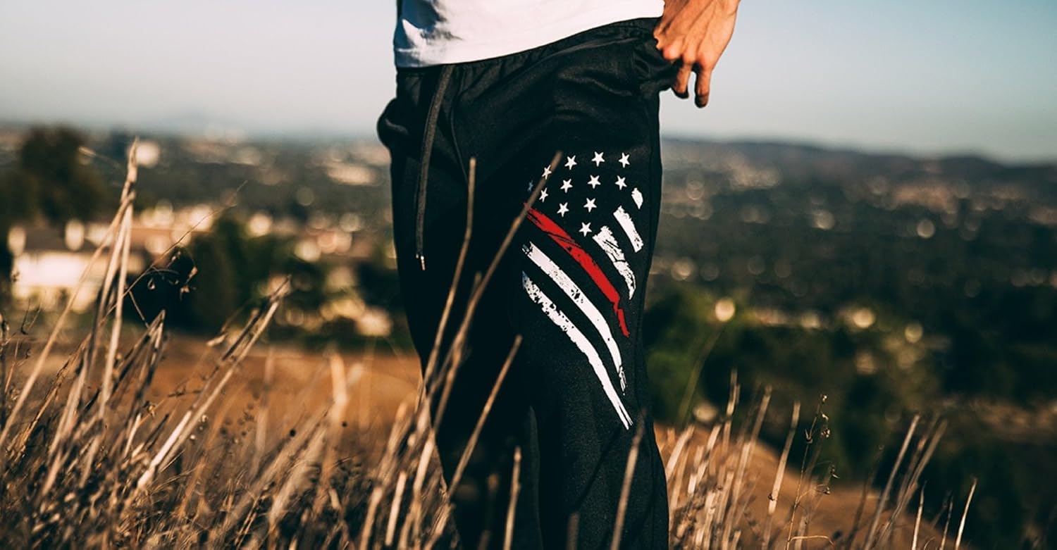 Blue Line and Red Line American Flag Sweatpants for Men and Women, Patriotic Open Bottom Pants, Drawstring Waist, Pockets