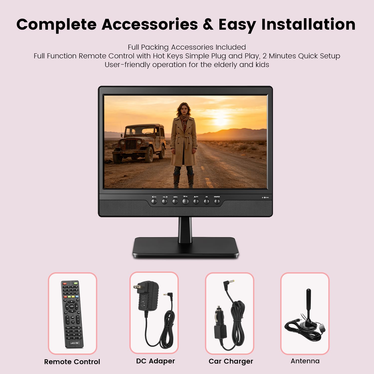 Jexiop Piccolo TV LED HD da 14 pollici, ATSC integrato, supporto doppio per montaggio a parete e desktop-HDMI-USB-AV IN-12 V/AC per camper e cucina