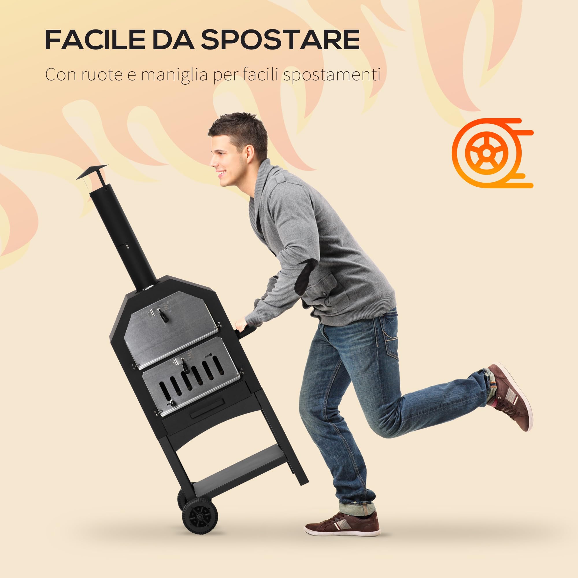 Outsunny Forno per Pizza Barbecue a Carbonella, BBQ da Esterni/Giardino in Acciaio Inox con Termometro, 64x54x160cm