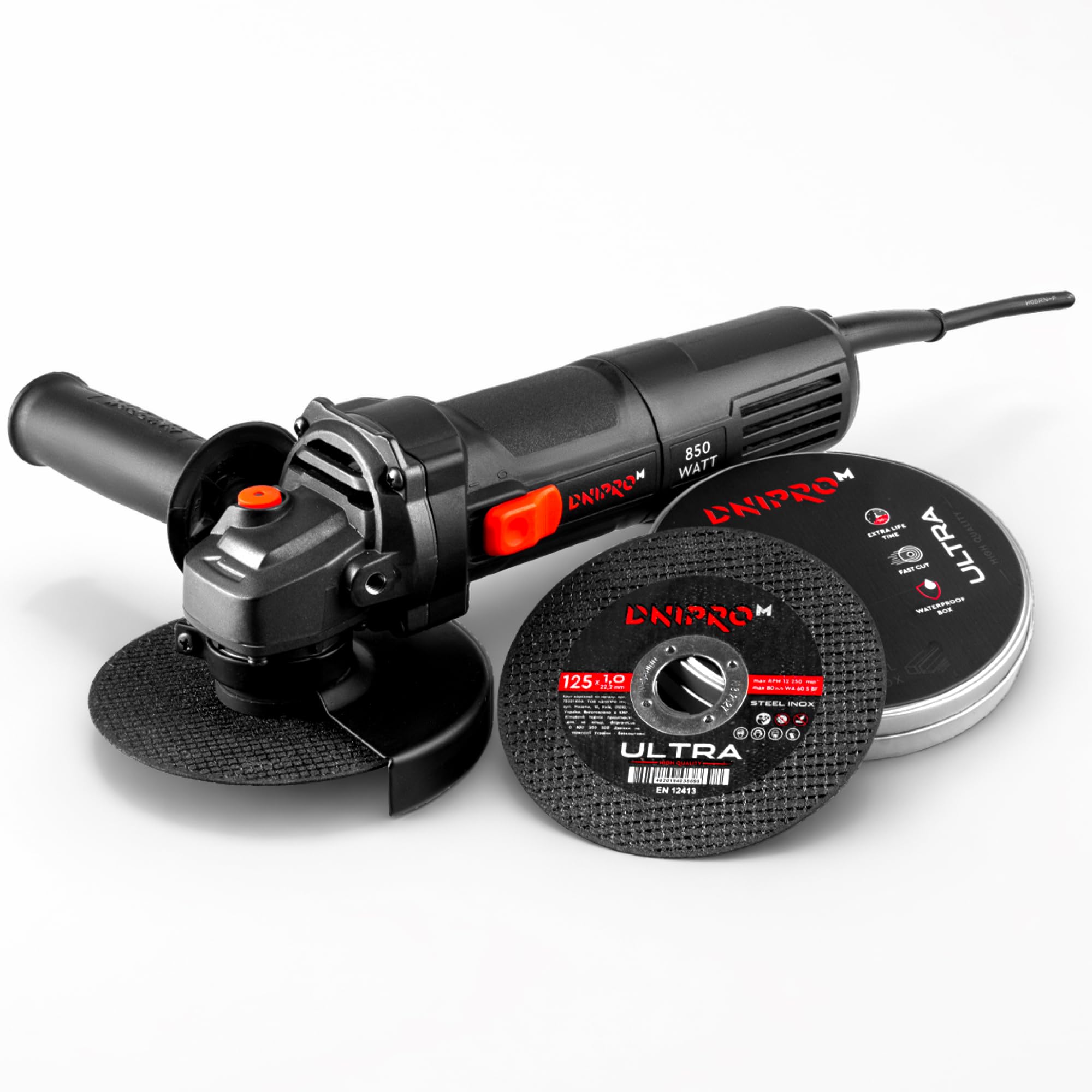 Angle Grinder 850W 125 mm with 6 Variable Speeds 4000-11000 RPM, Radial for Cutting and Roughing Metal, Stone, Brick, Tile and Ceramic, M14 Thread, Includes 10 Discs. GS-100S