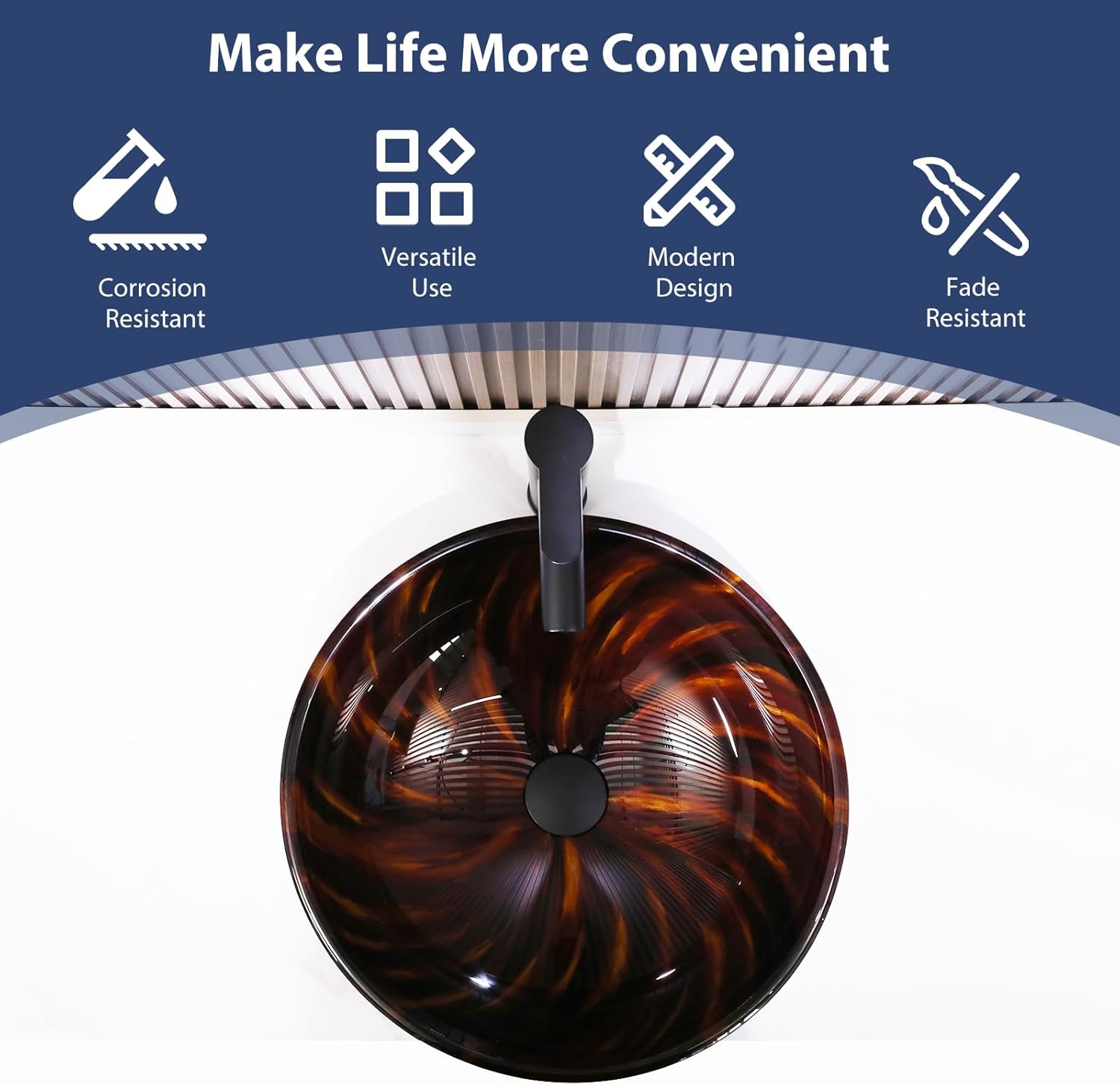 Mocoloo Round Glass Vessel Sink, 16x16 Inch Bathroom Sink Amber Tempered Glass Bathroom Vanity Sink with Pop-Up Drain Above Counter Basin Bowl