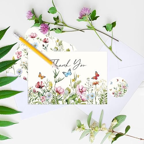 Miniatura 5 de Whaline Paquete de 20 tarjetas de agradecimiento de flores silvestres a granel, tarjetas de felicitación de mariposas con sobres y calcomanías,