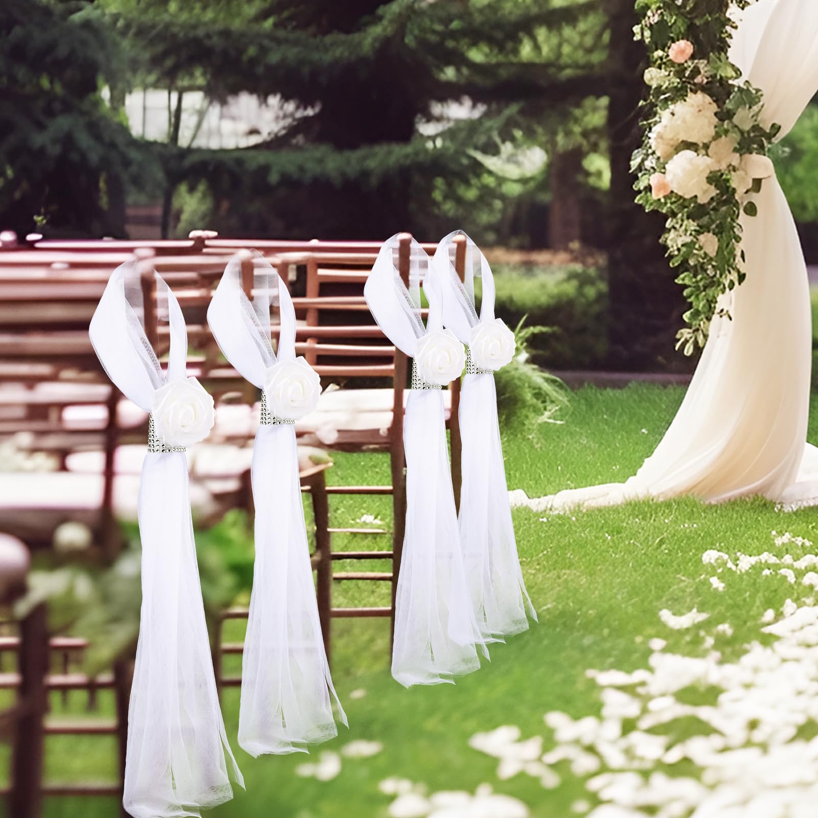 Olgaa Hochzeits-Gang-Dekorationen für Zeremonie, 24 Stück, Hochzeitsstuhl, Kirchendekorationen mit künstlichen weißen Rosen, Blumen, Strass, für Hochzeiten, Partys, Bank, Kirchenbänke, Gangdekoration