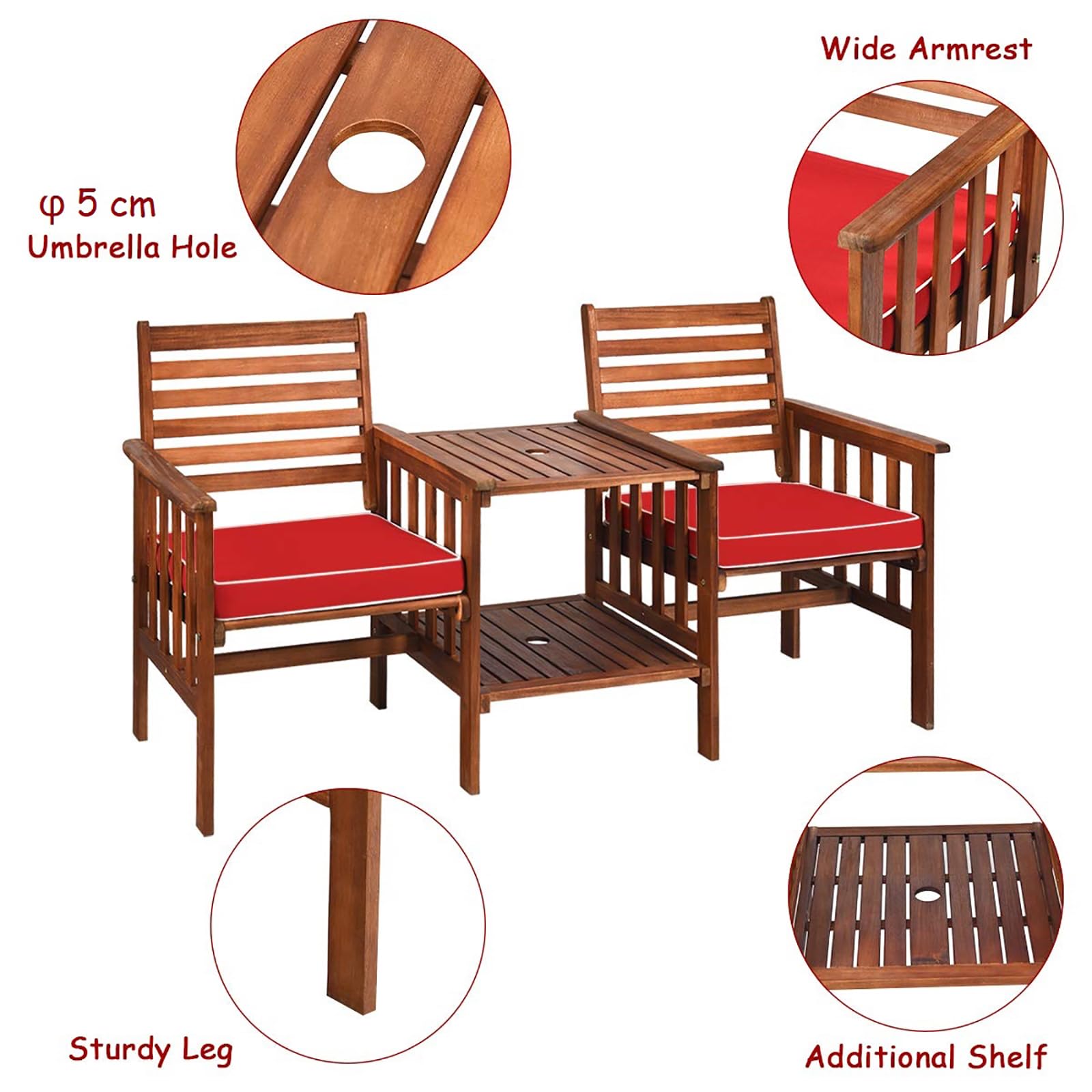 GIANTEX Gartenbank Holz mit Tisch, Holzbank Outdoor 2 Sitzer mit Kissen, Sitzbank Garten mit Schirmloch, Friesenbank Kinobank bis 350 kg belastbar, Terrassenbank für Balkon Terrasse 165 x 65 x 88 cm