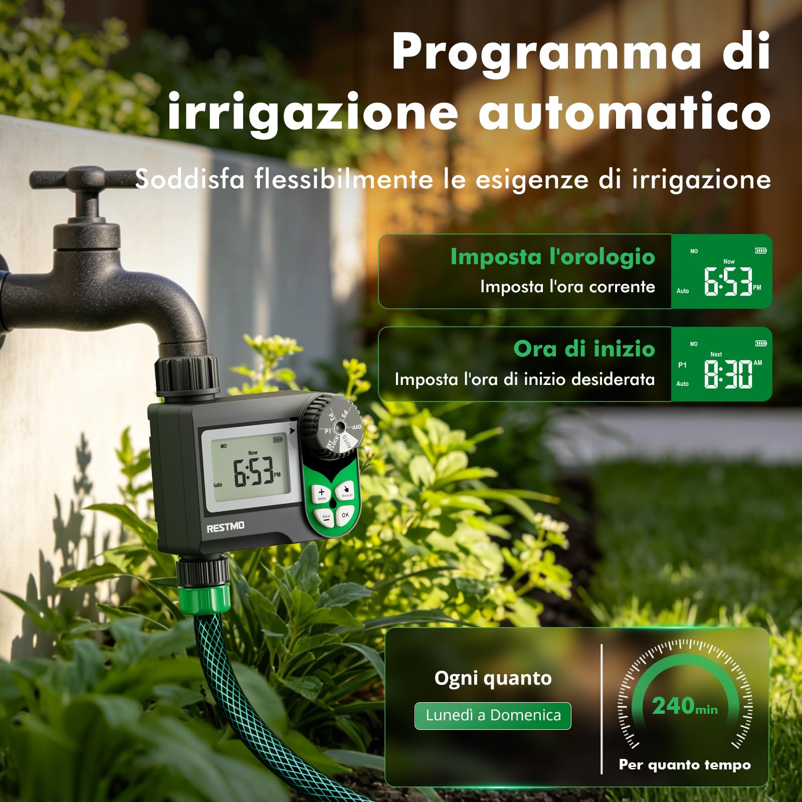 RESTMO Computer di Irrigazione, Timer Irrigazione con valvola a sfera | Programma Settimanale, 3 Piani e Ritardo Della Pioggia (24-72 h), per Cisterne Piovane, Aiuole Rialzate e Prati