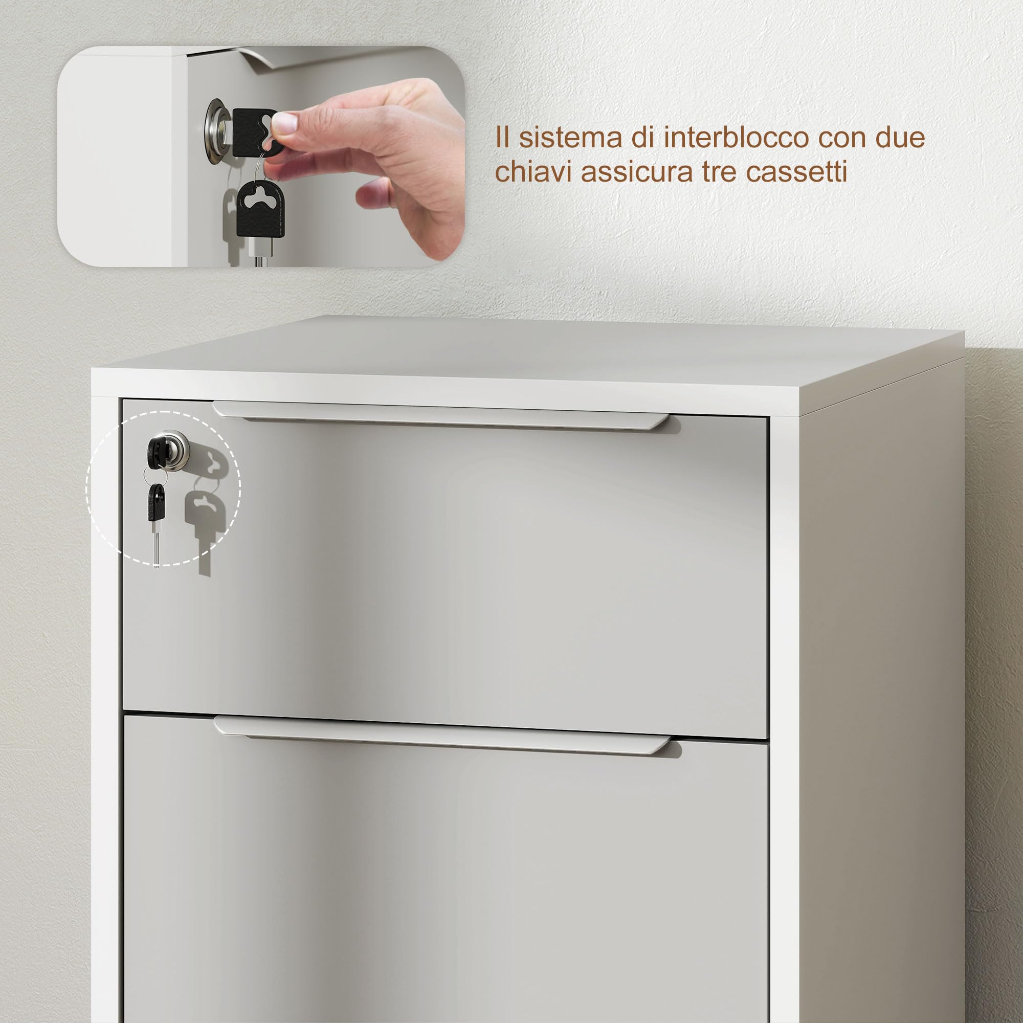 HOMCOM Schedario da Ufficio con 3 Cassetti, 4 Ruote, Cassettiera Ufficio con Serratura e 2 Chiavi per Lettera/Formato A4, Armadietto Verticale per Studio, 40x40x63.5 cm, Bianco e Grigio