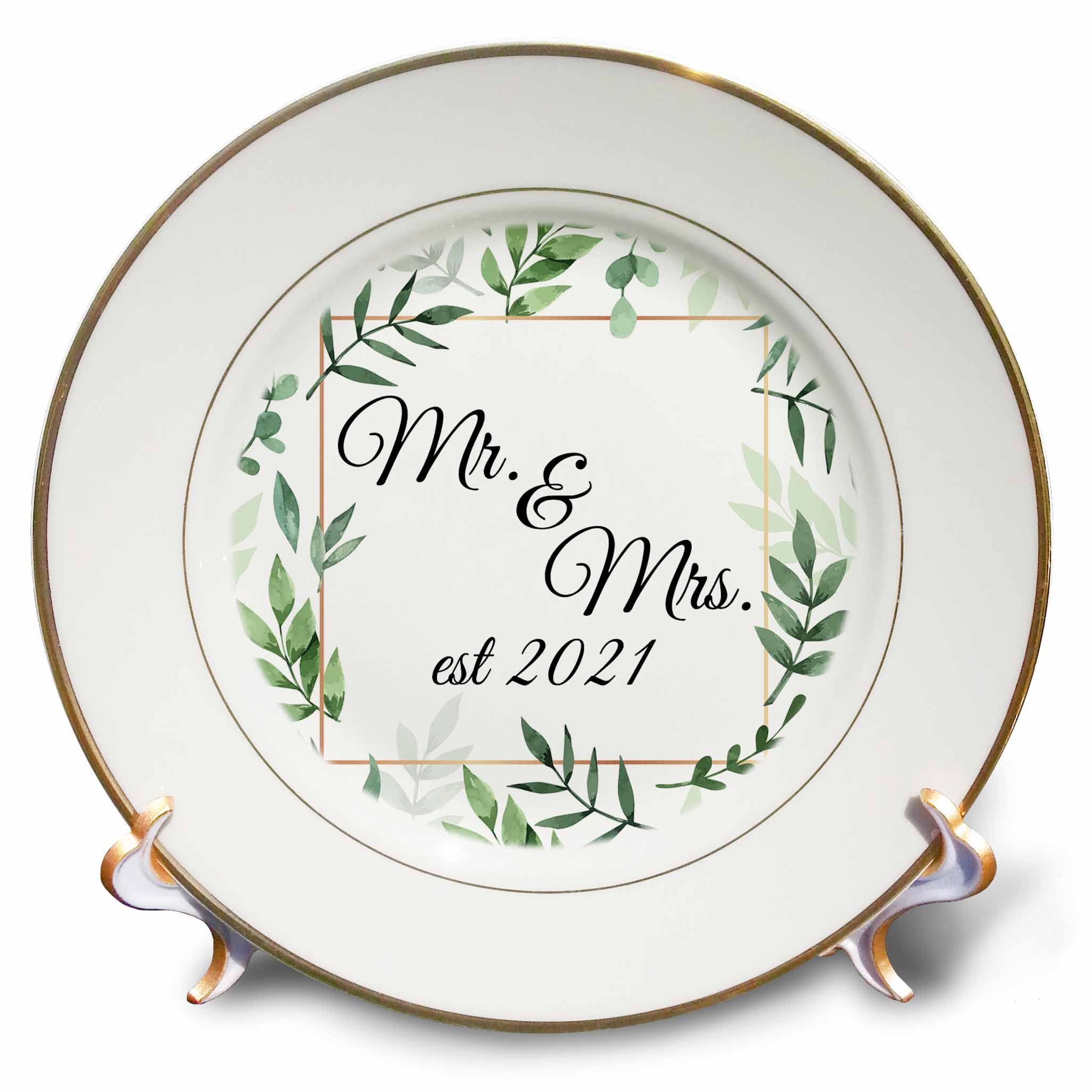 3dRose Black Mr. and Mrs. Est 2021 framed in green leaves and a gold square., 8-Inch